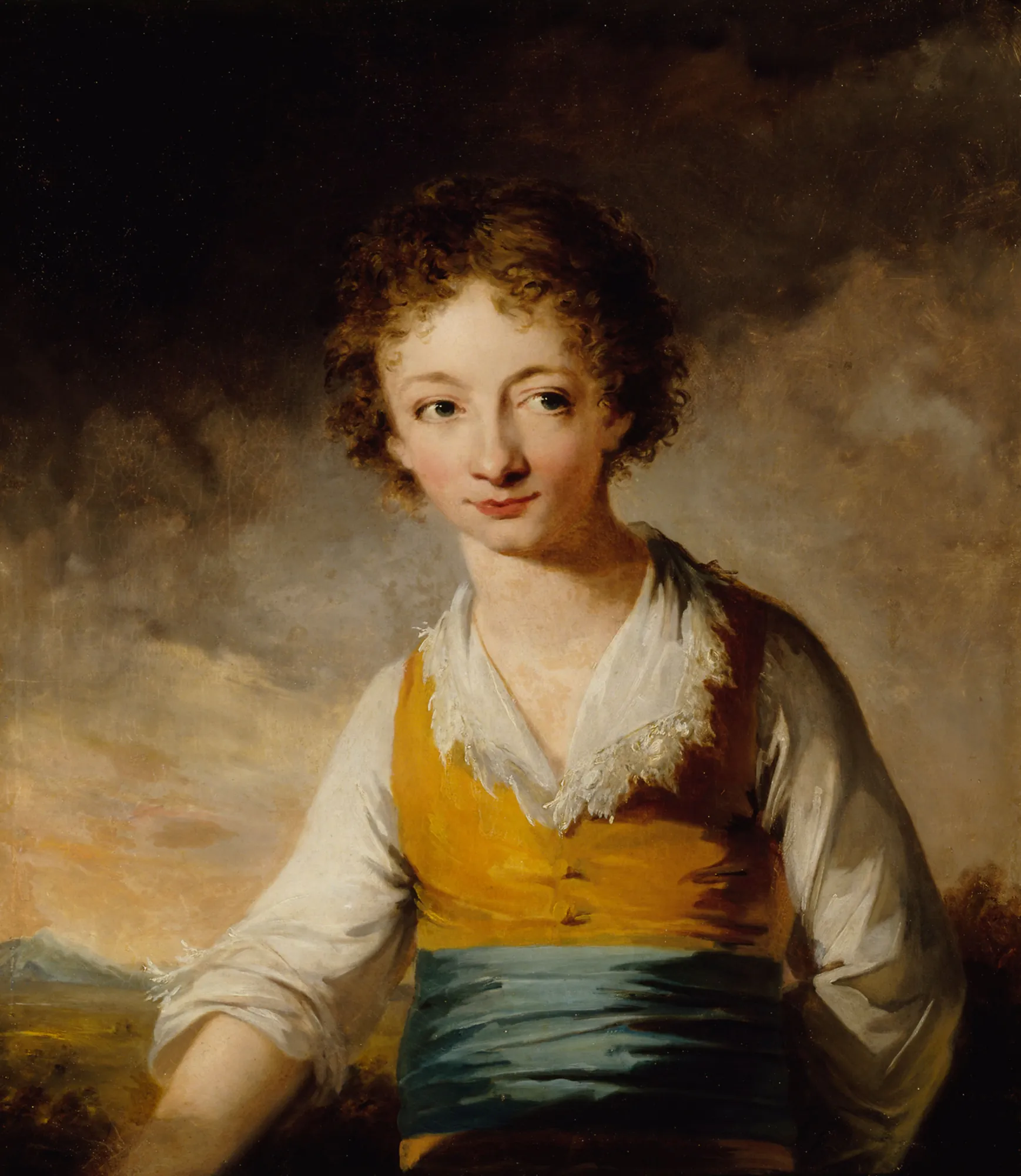 Jean Martin de Ron Jean Martin de Ron by Carl Frederik von Breda. A waist-up portrait of a young boy with curly brown hair wearing a yellow waistcoat and blue sash against a dark, atmospheric sky.