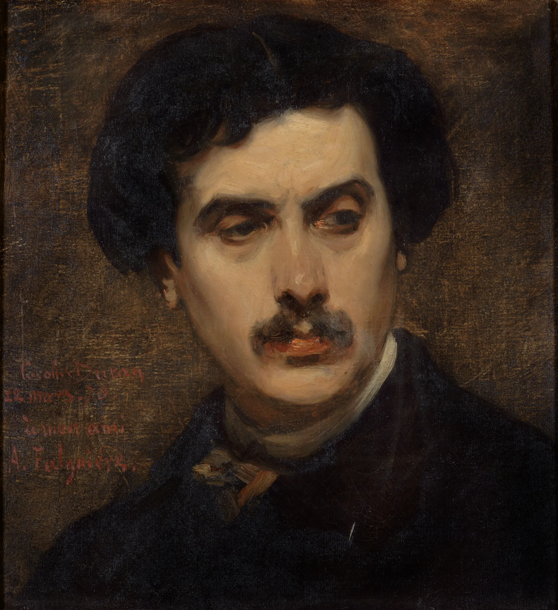 Portrait of Alexandre Falguière Portrait of Alexandre Falguière by Carolus-Duran. A close-up oil portrait of a man with dark, wavy hair and a mustache against a shadowy, textured brown background.