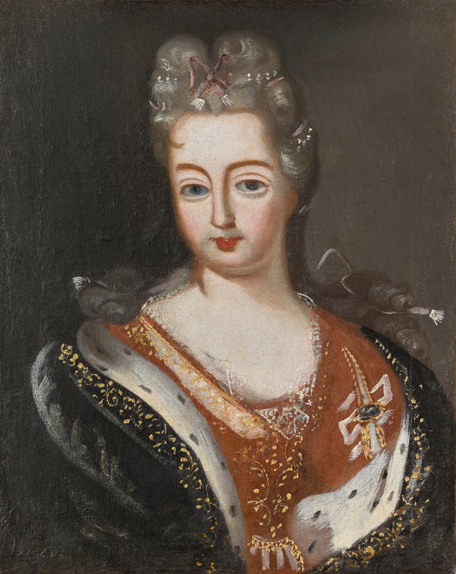 Portrait of a Woman Portrait of a Woman by Unknown Artist. A bust-length portrait of a woman with high-piled hair, wearing an embroidered red gown and a dark, ermine-lined cloak against a near-black background.