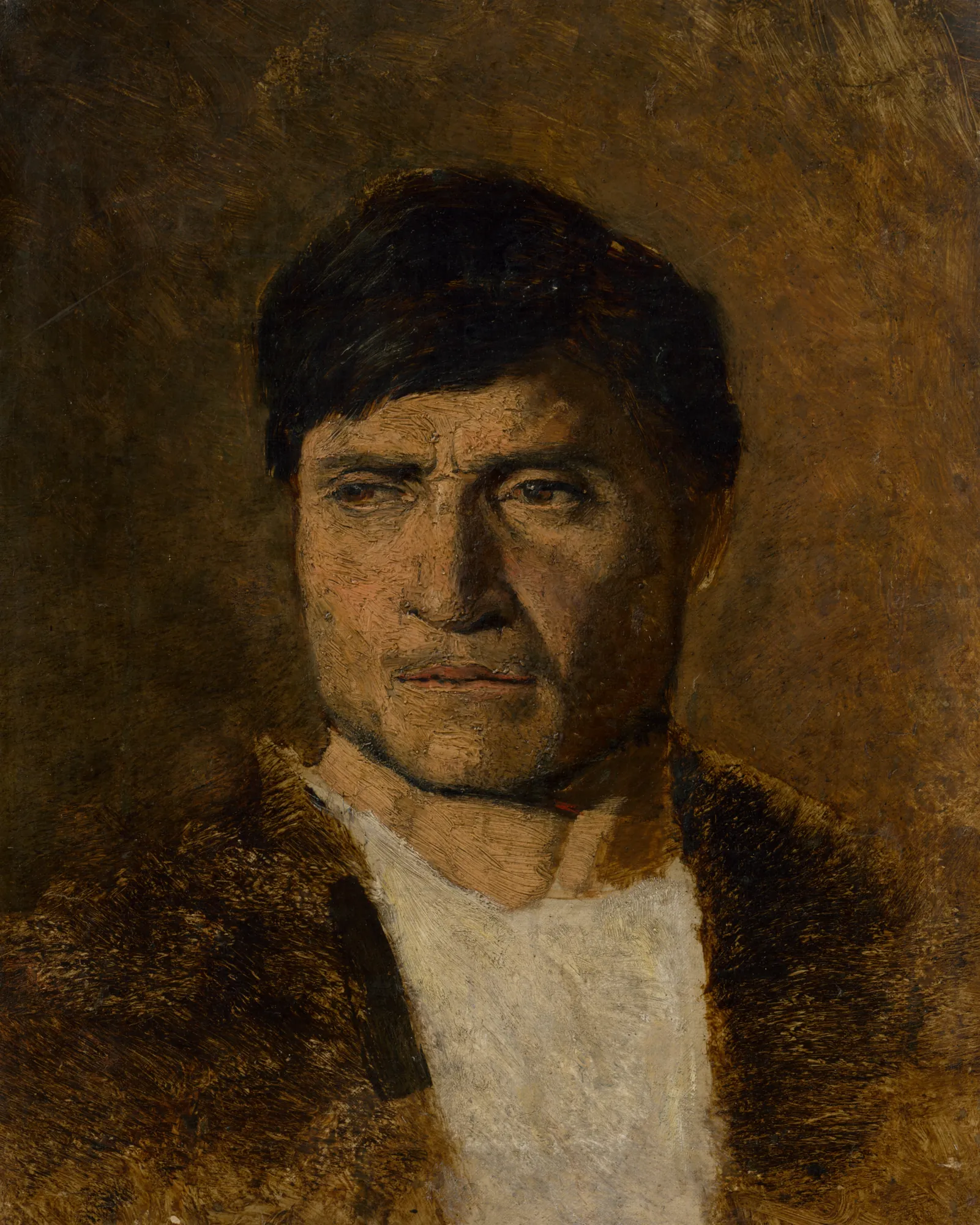 Man in a Fur Man in a Fur by László Mednyánszky. A close-up portrait of a dark-haired man with an intense expression, wearing a thick fur-lined coat over a white shirt.