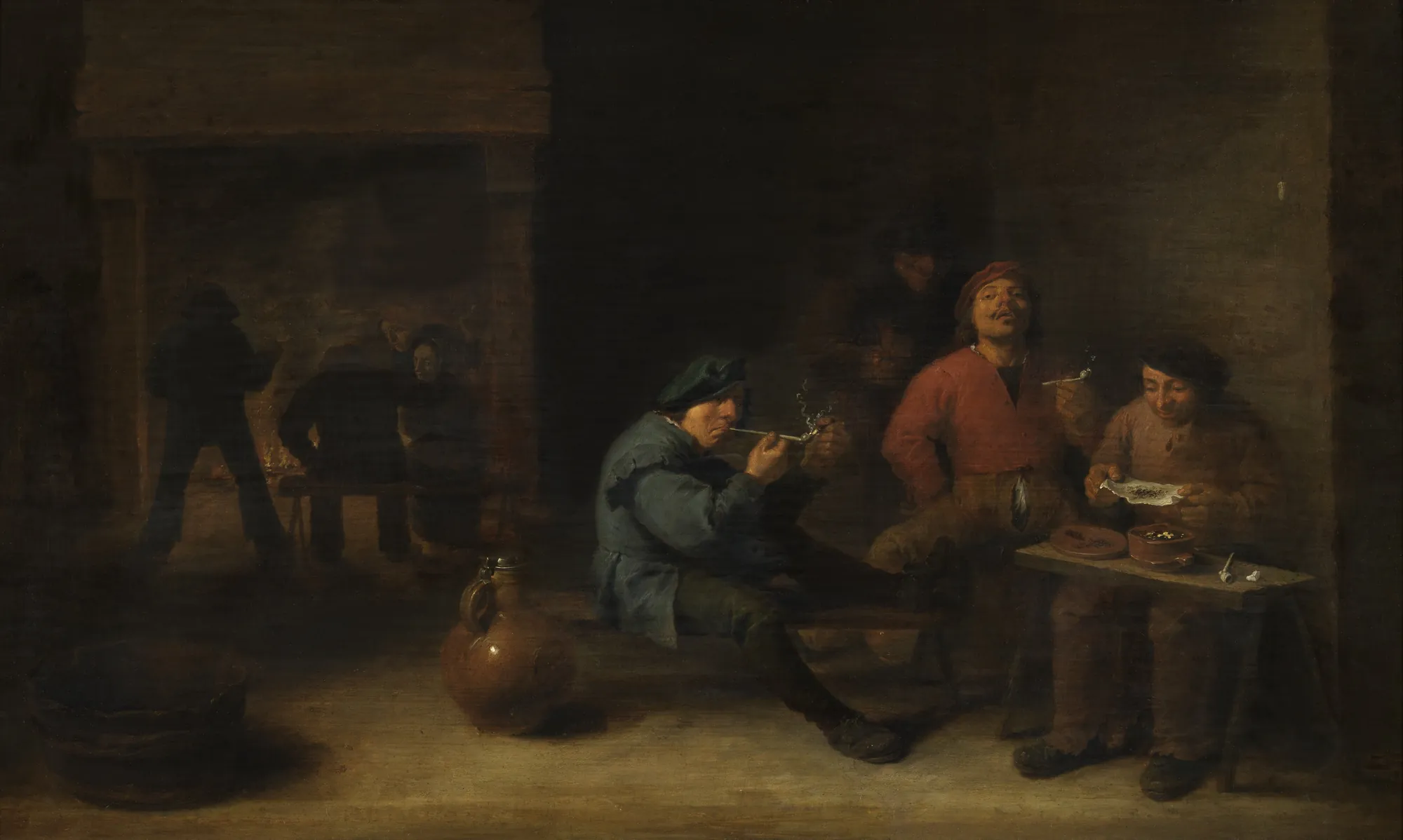 The Smokers The Smokers by David Teniers the Younger. A group of men are gathered in a dark tavern interior, with several figures highlighted in the foreground as they smoke pipes and prepare tobacco.