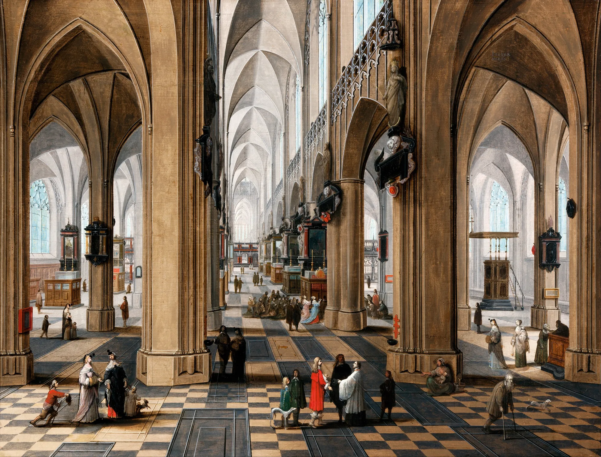 A Church Interior with Elegant Figures Strolling and Attending Mass