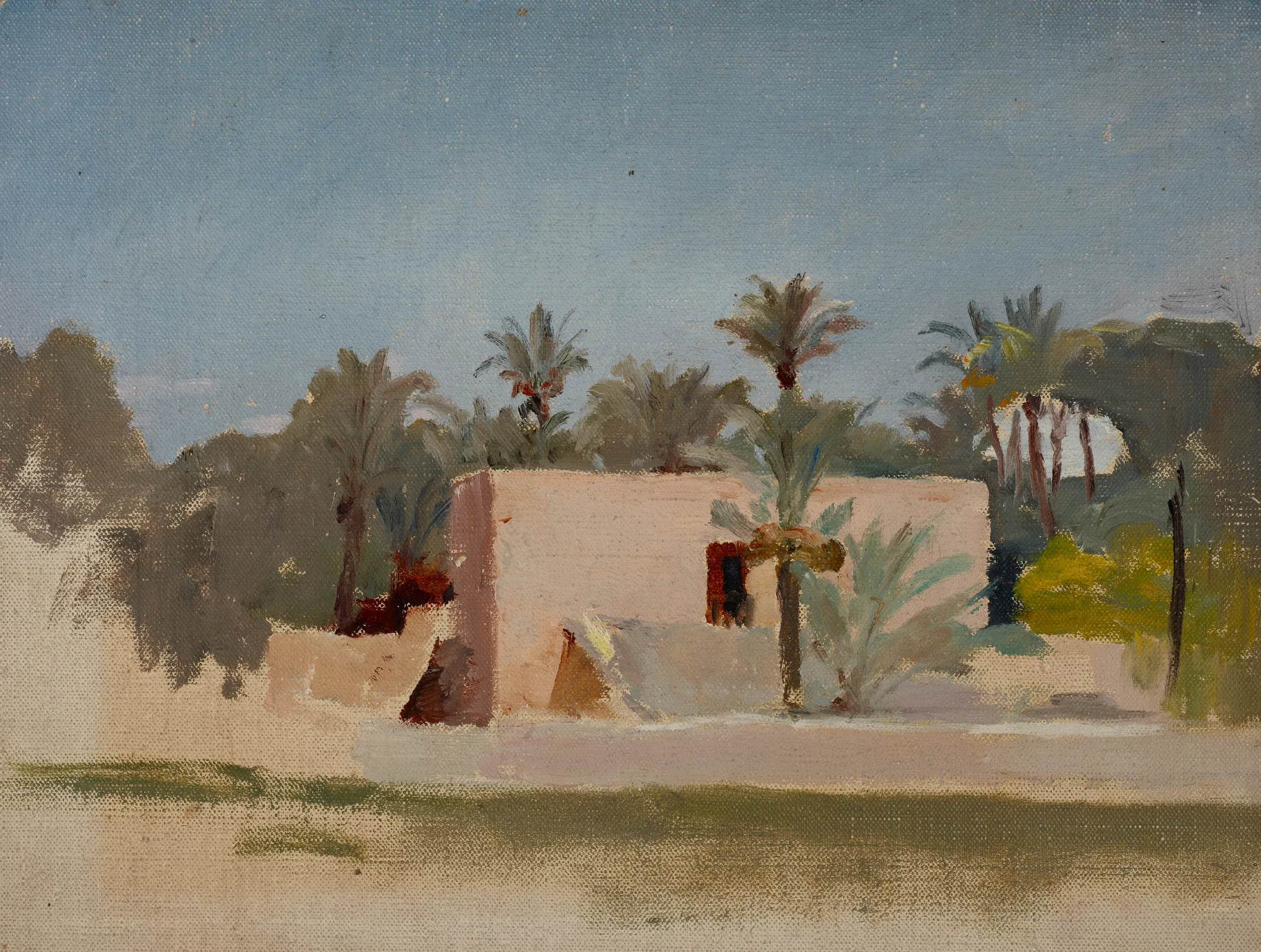 Spain (Elche) Spain (Elche) by Jan Ciągliński. An impressionistic oil sketch depicting a simple building surrounded by palm trees under a hazy blue sky.