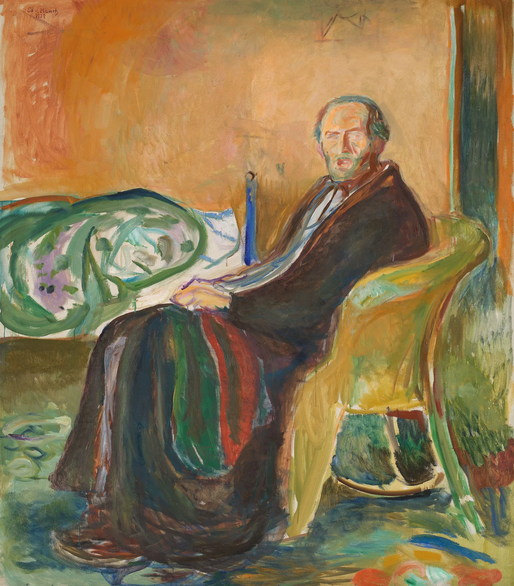 Self-Portrait with the Spanish Flu Self-Portrait with the Spanish Flu by Edvard Munch. An expressive self-portrait of a weary man seated in a yellow wicker chair, wrapped in a heavy dark blanket against a warm, ochre-toned wall.