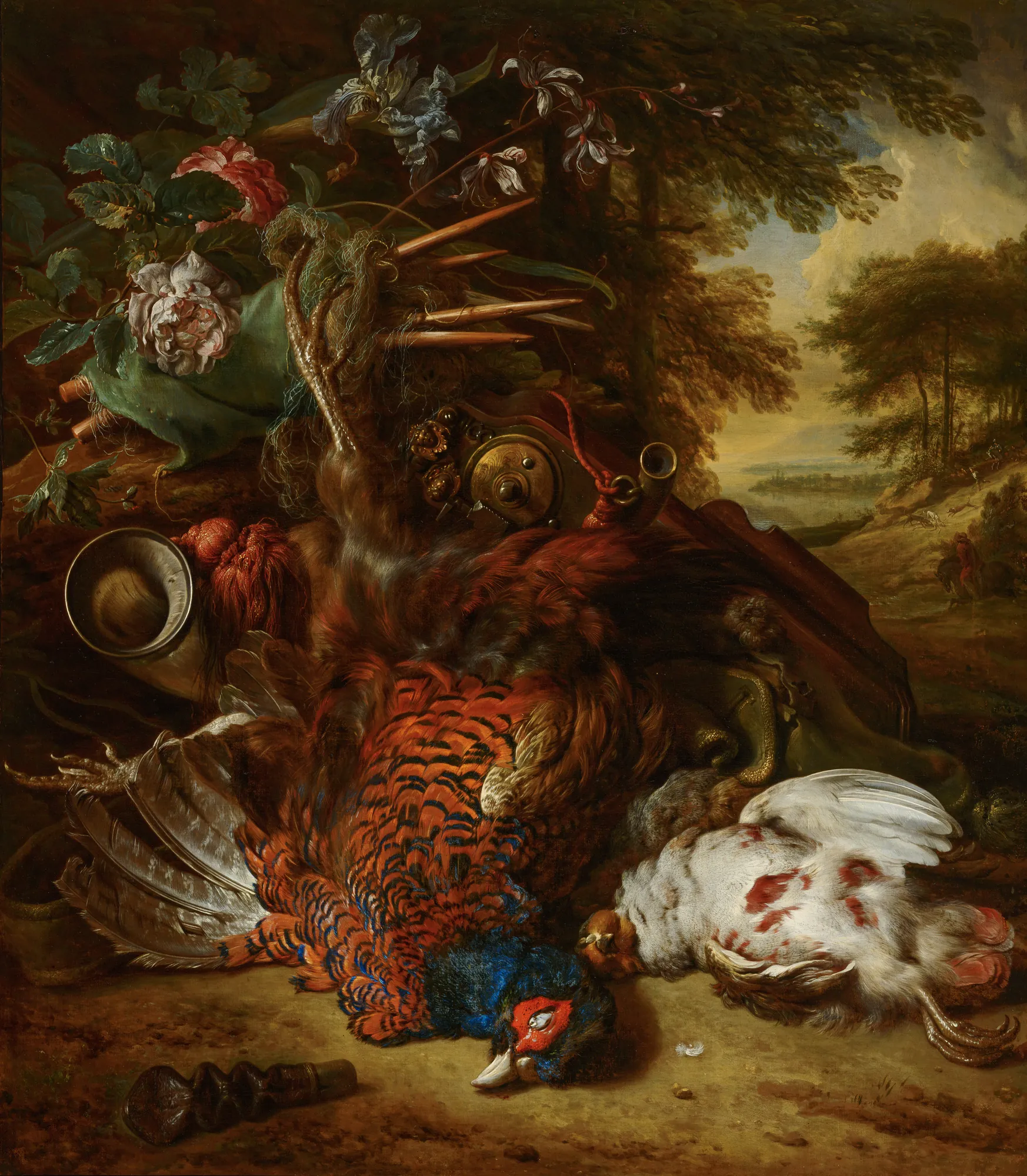 Hunting Still Life Hunting Still Life by Jan Weenix. A dead pheasant and partridge lie on the ground alongside hunting equipment like a horn and bag, set against a background of roses, irises, and a distant landscape.
