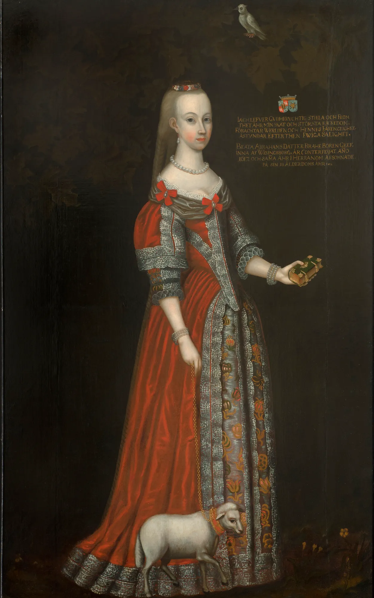 Beata Brahe Beata Brahe by Johan Johansson Werner. A full-length portrait of a young woman in an ornate red and silver gown, holding a book and leading a small white lamb by a golden chain.