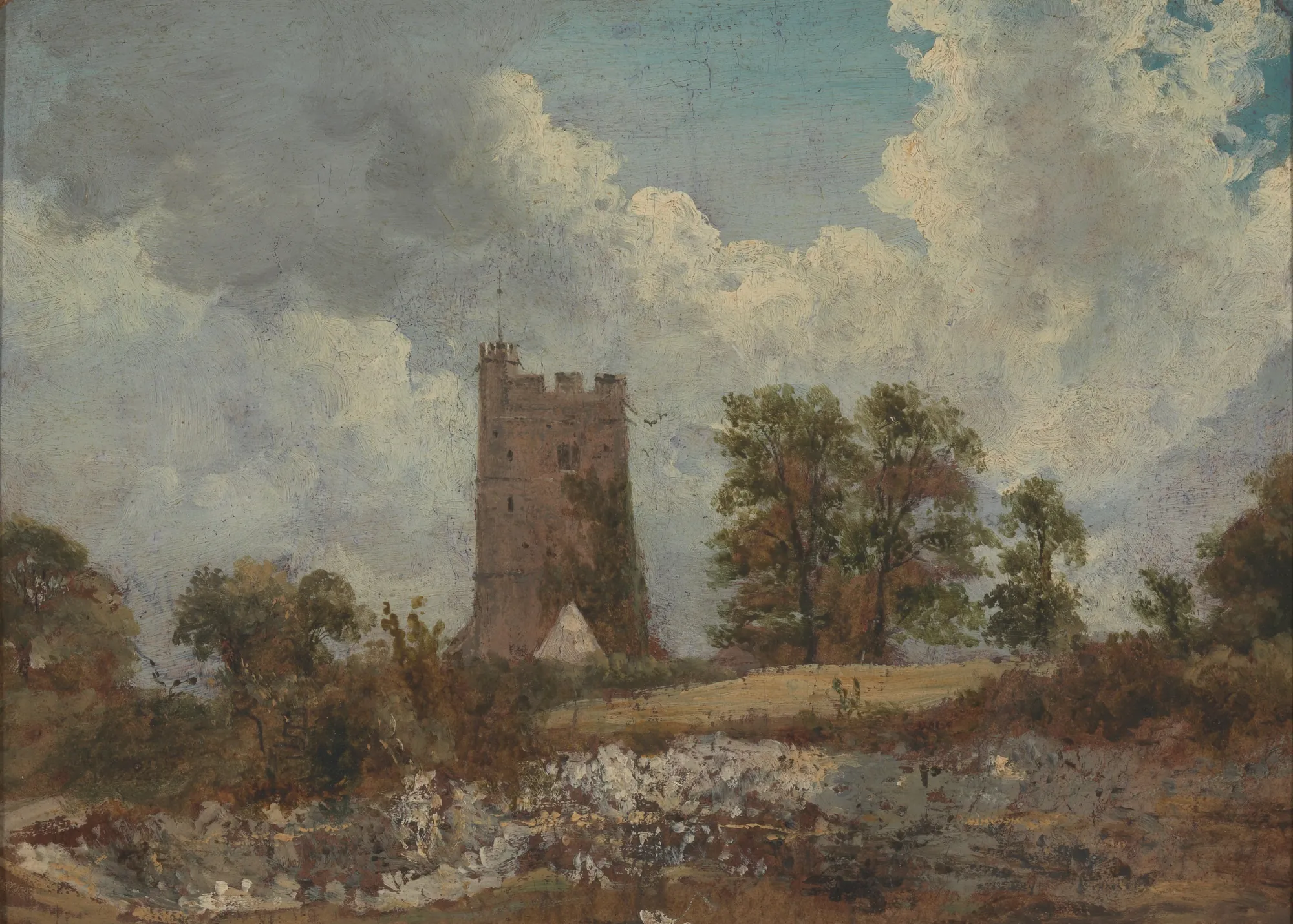 Landscape with a Church Landscape with a Church by Frederick W. Watts. A stone church tower rises above a line of trees and low scrubland under a sky filled with billowing white and gray clouds.