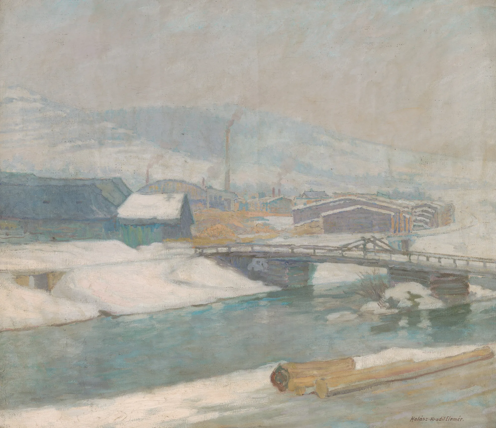 Margecany Sawmill Margecany Sawmill by Elemír Halász-Hradil. An impressionist winter landscape featuring a snow-covered riverbank, a wooden bridge, and a sawmill with chimneys against a misty mountain background.