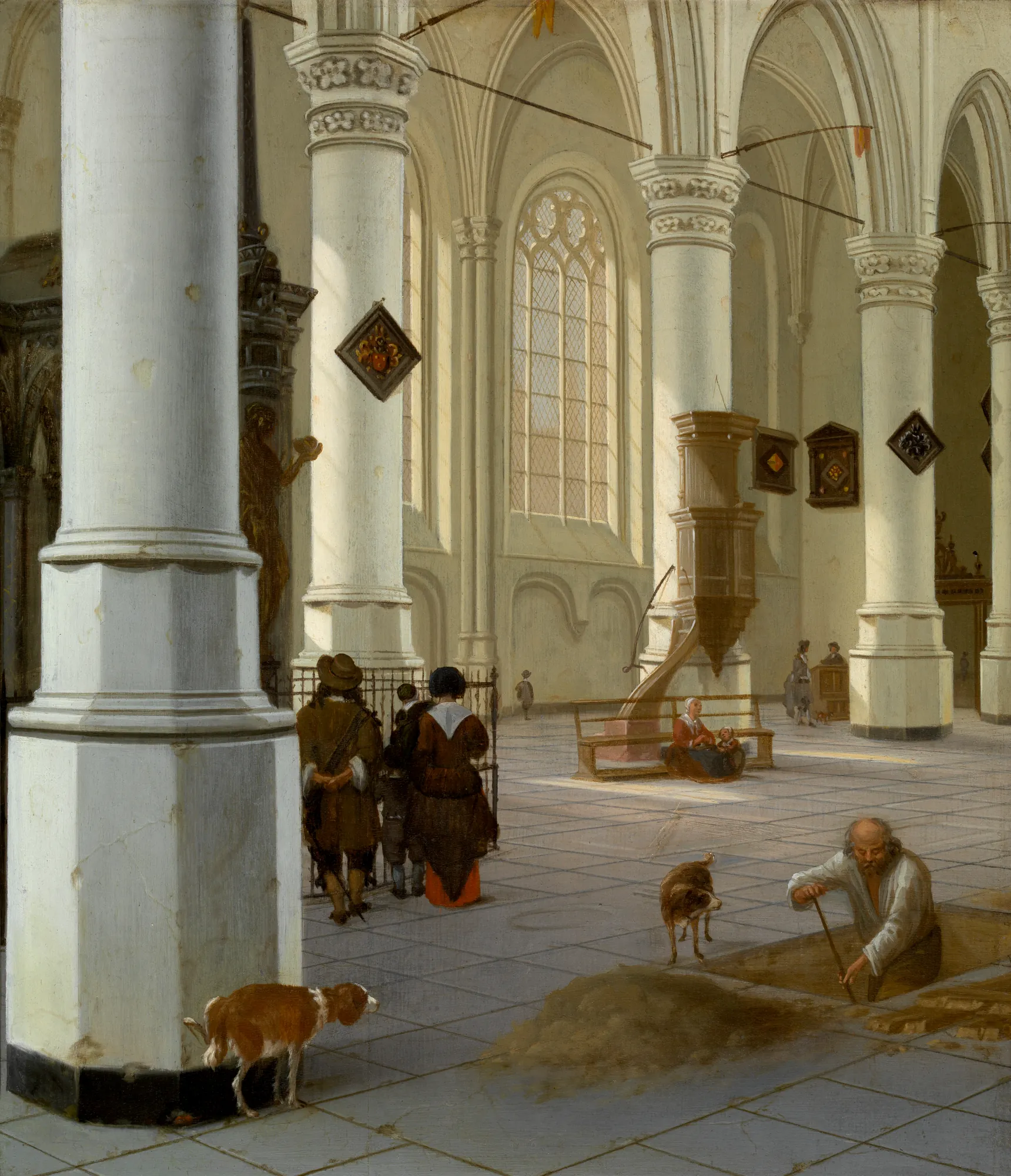 Interior of the New Church of Delft with a Man Digging a Grave
