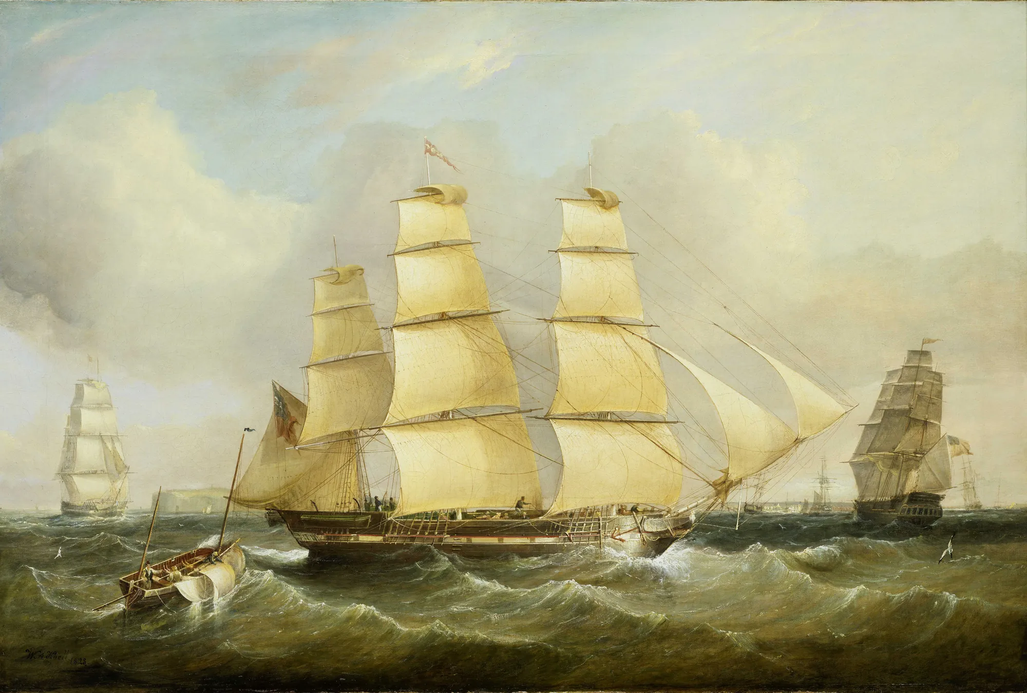 The Ship Morley and Other Vessels The Ship Morley and Other Vessels by William Adolphus Knell. A large three-masted sailing ship with cream-colored sails navigates choppy green seas alongside other vessels under a luminous, cloud-filled sky.