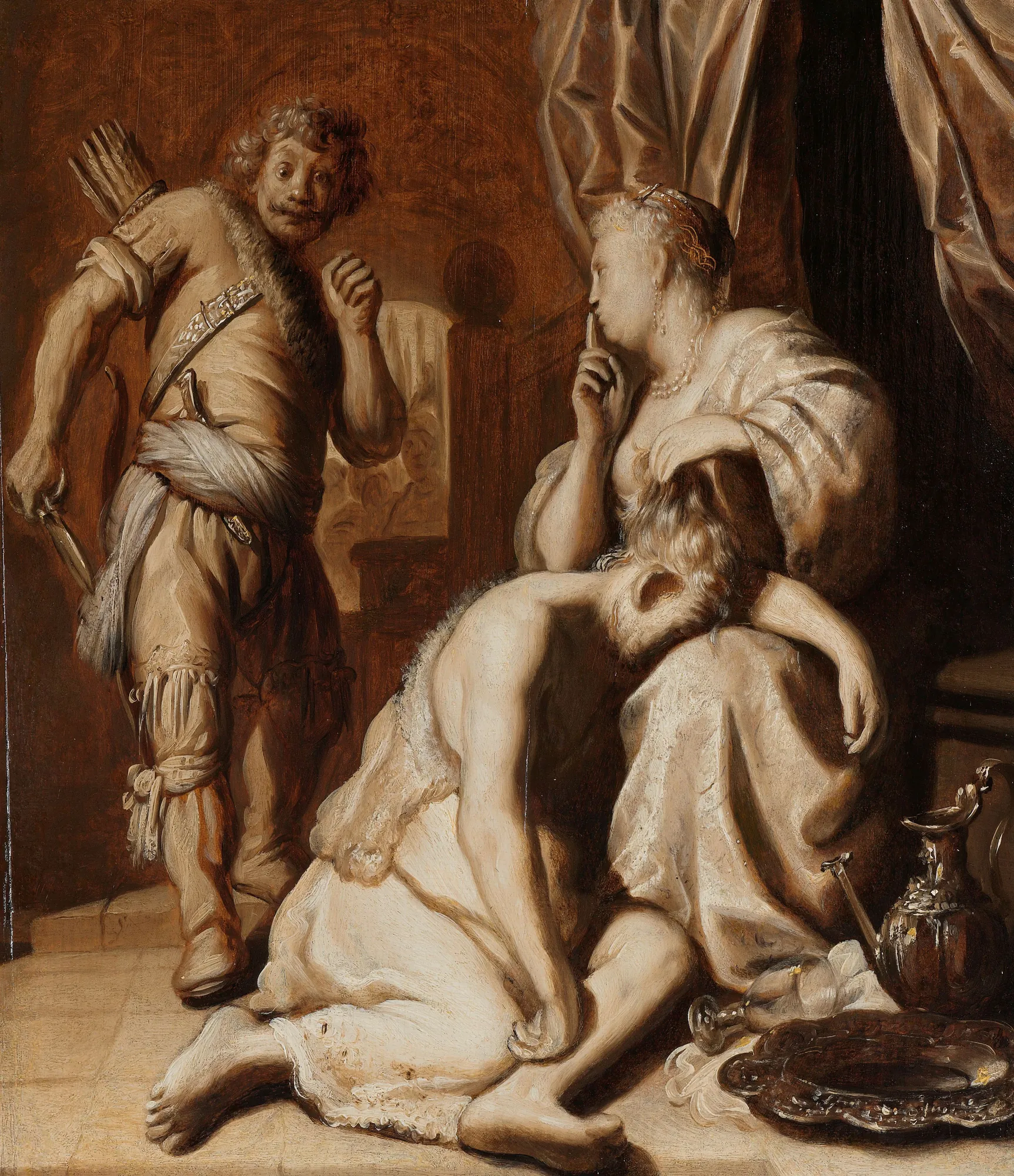Samson and Delilah Samson and Delilah by Jan Lievens. A monochromatic Baroque painting showing Delilah silencing an approaching soldier while Samson sleeps in her lap.