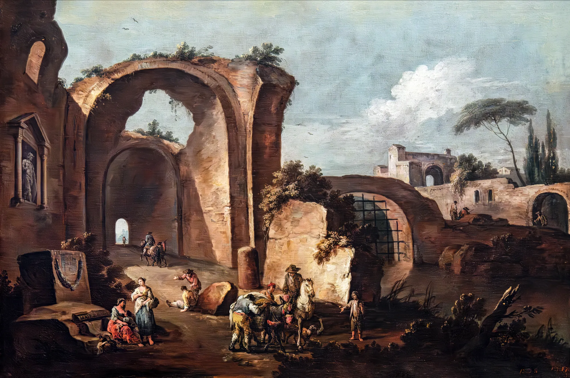 Ruins of a Vaulted Building Ruins of a Vaulted Building by Giuseppe Zais. A large-scale painting of ancient stone ruins featuring massive vaulted arches, with figures of travelers, peasants, and pack animals resting in the foreground under a vast sky.