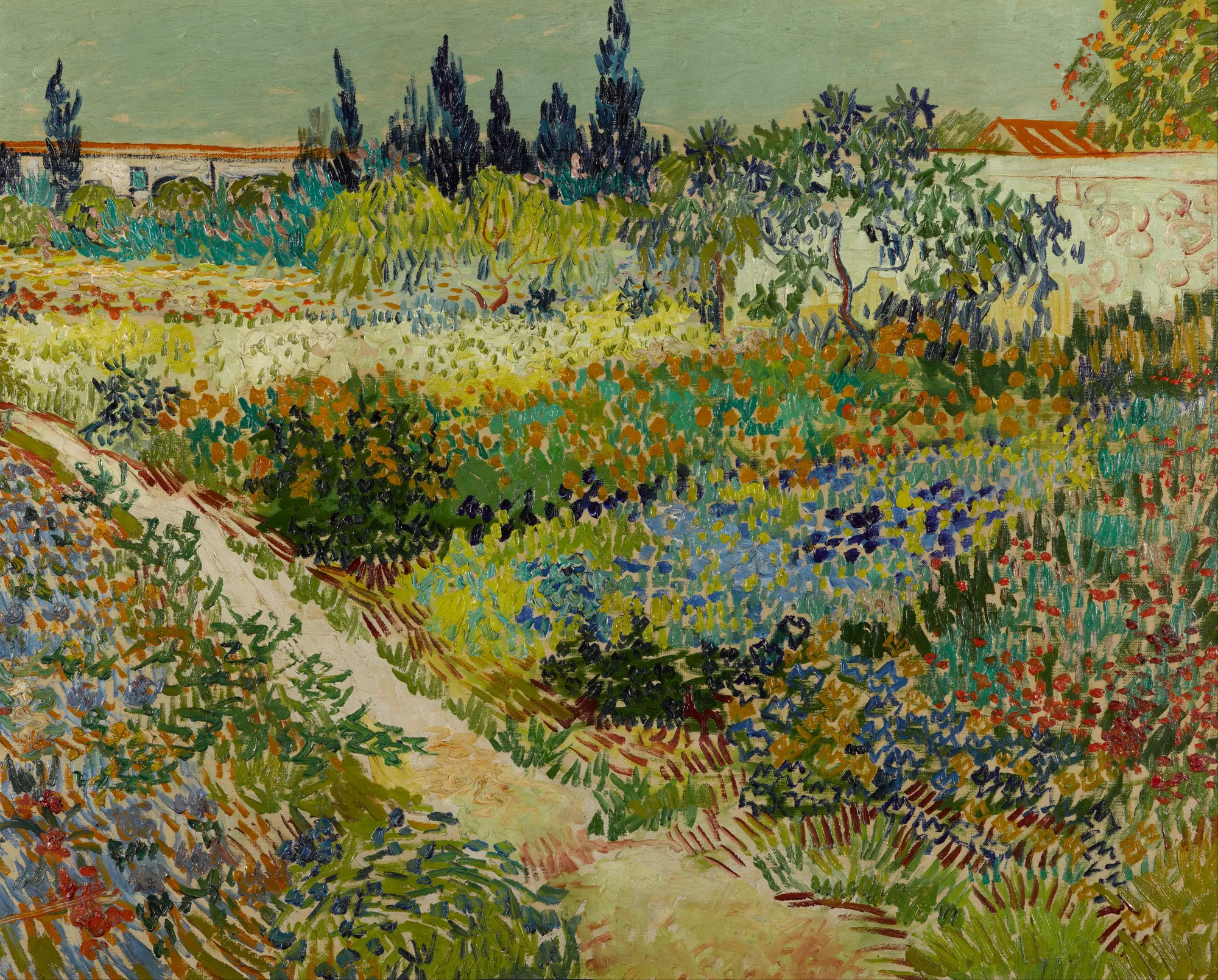 Flowering Garden with Path Flowering Garden with Path by Vincent van Gogh. A vibrant post-impressionist landscape featuring a winding path through a garden of dense, colorful wildflowers under a light sky with tall cypress trees.