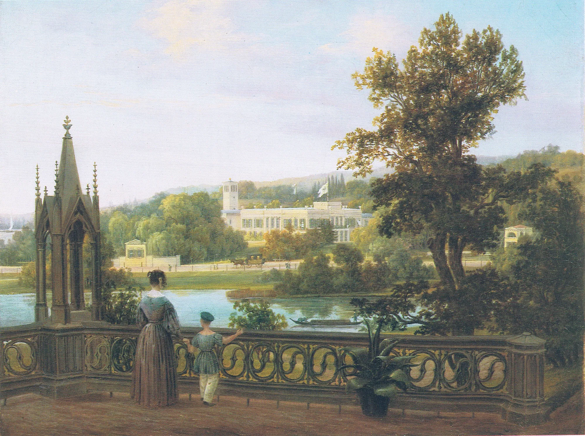 View of Glienicke Castle from Babelsberg View of Glienicke Castle from Babelsberg by Carl Daniel Freydanck. A woman and child stand on an ornate Gothic terrace overlooking a river toward a distant neoclassical castle set amidst a lush landscape.