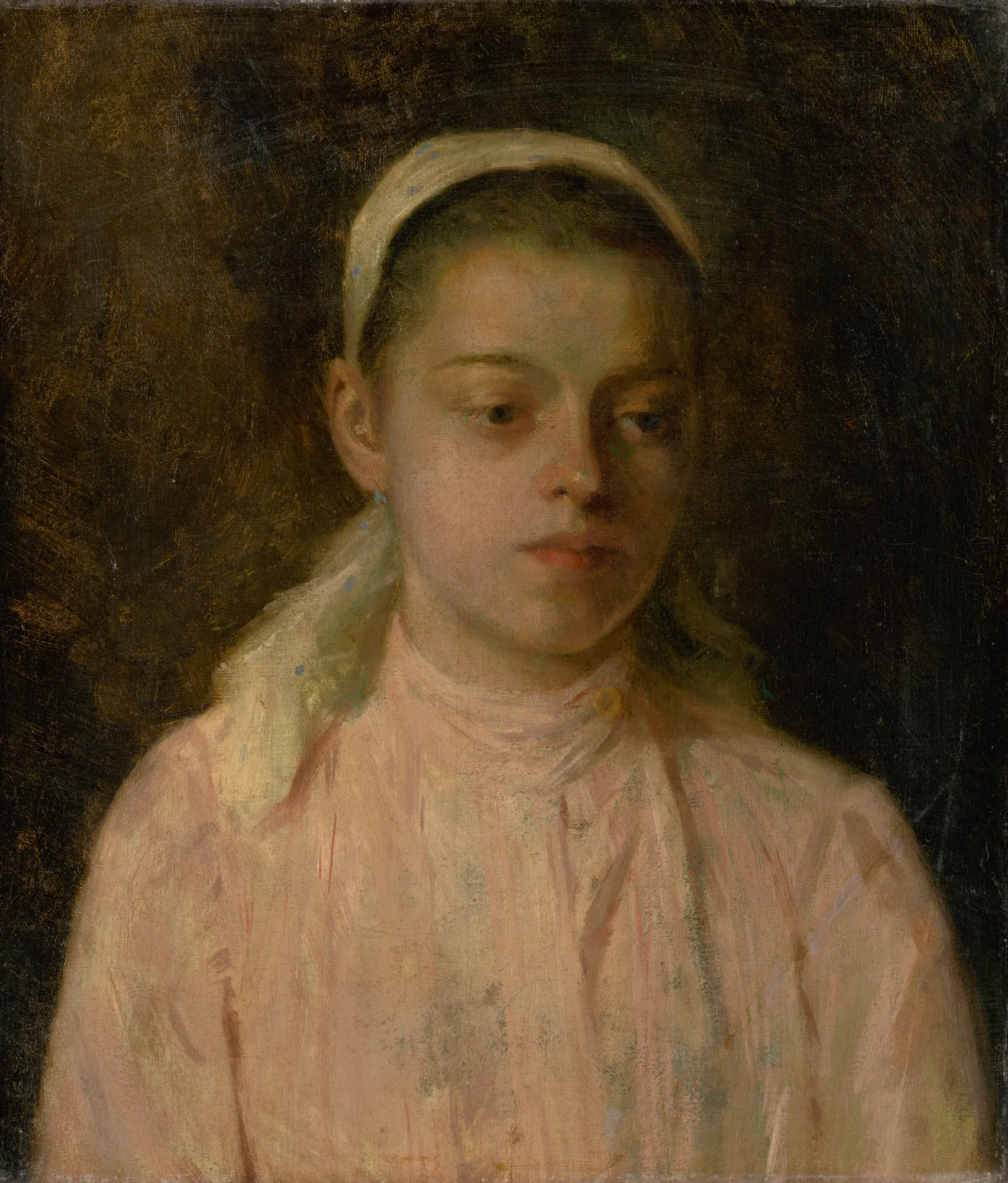 Study of a Young Peasant Girl Study of a Young Peasant Girl by Lajos Csordák. A painterly oil study of a young girl wearing a pink dress and a white headscarf, set against a dark, textured background.