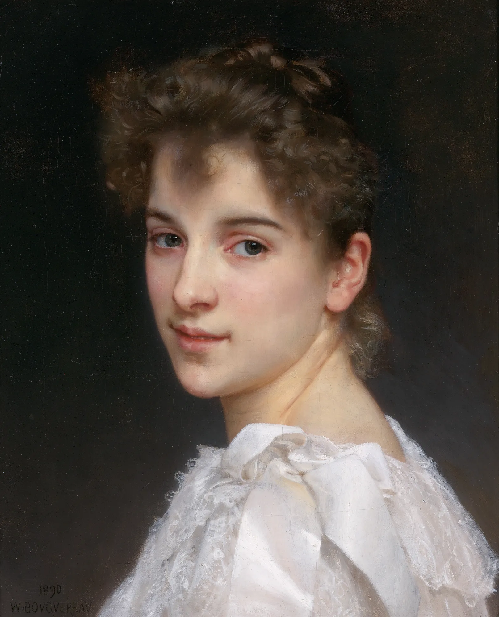 Gabrielle Cot Gabrielle Cot by William-Adolphe Bouguereau. A luminous portrait of a young woman with curly brown hair wearing a white lace dress against a dark, atmospheric background.