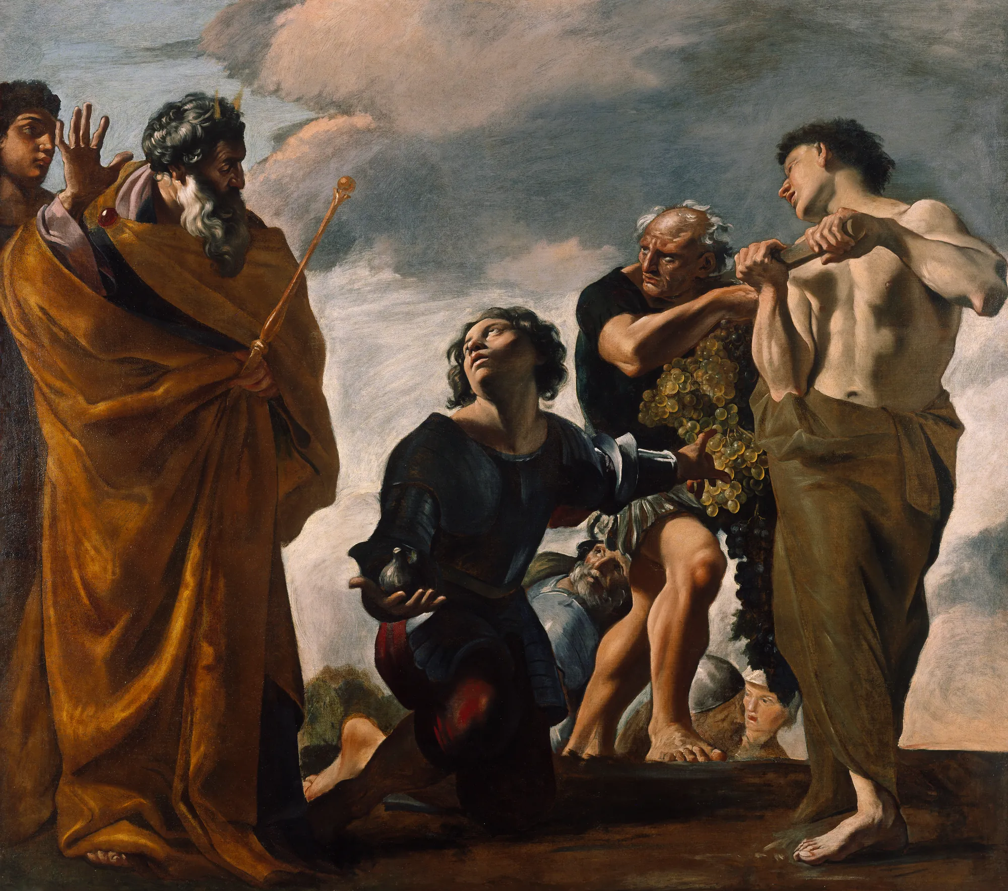 Moses and the Messengers from Canaan Moses and the Messengers from Canaan by Giovanni Lanfranco. Moses, dressed in luminous golden-yellow robes, gestures towards a group of messengers presenting a massive cluster of grapes in a dramatic Baroque composition.