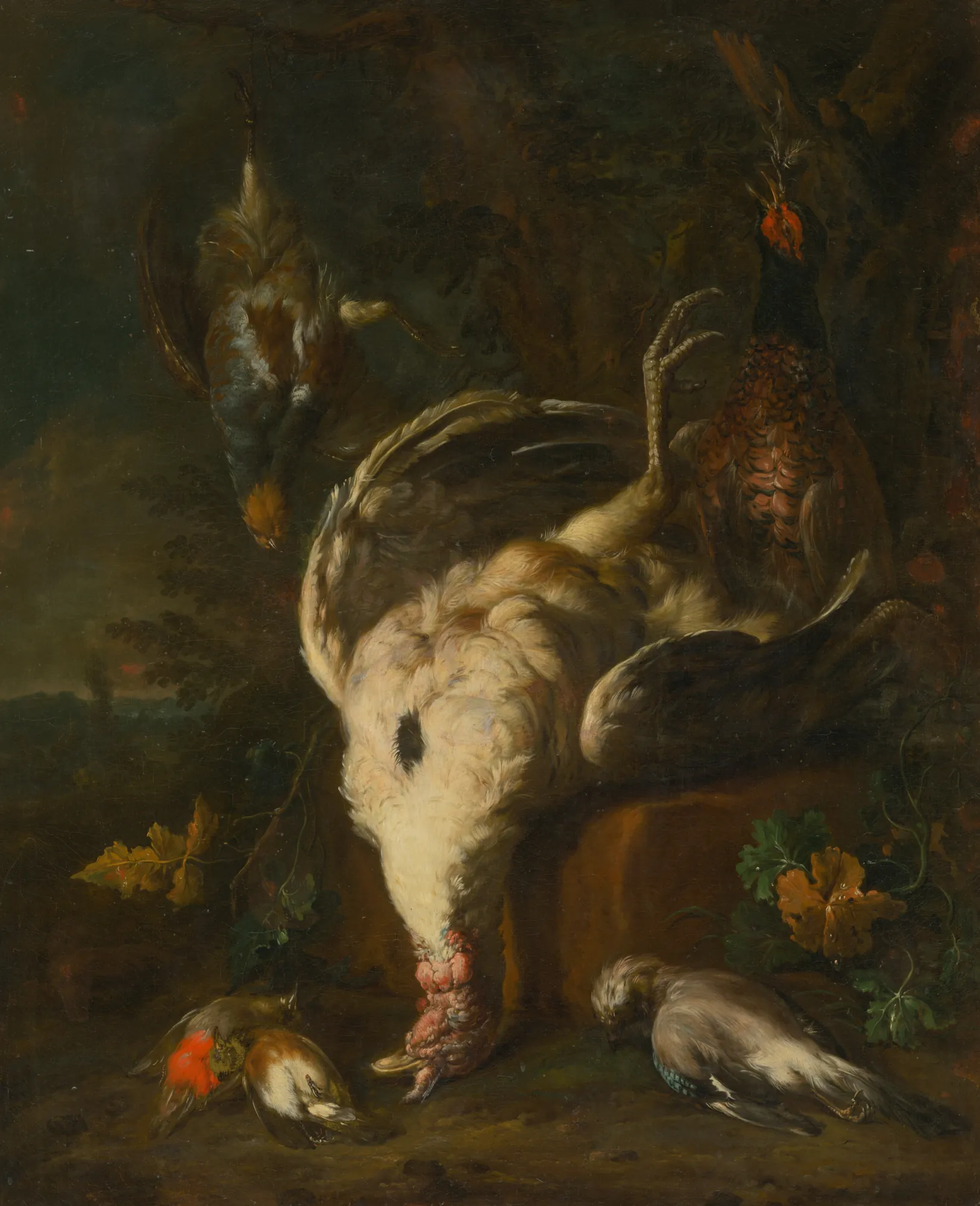 Still Life with Game Birds Still Life with Game Birds by Unknown Artist. A dramatic oil painting of hunted game birds, including a large white turkey and a pheasant, resting on a stone ledge against a dark background.
