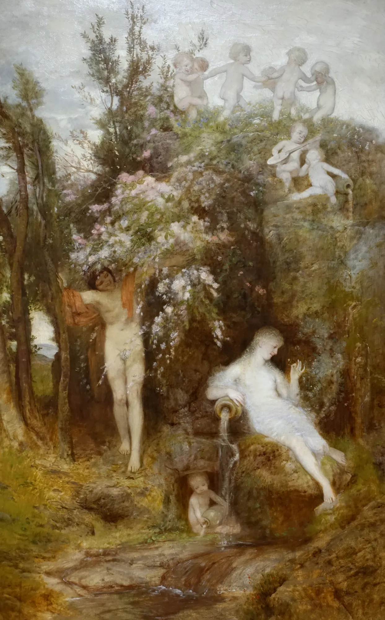 Love Spring Love Spring by Arnold Böcklin. An allegorical scene featuring a group of ethereal figures and playful putti gathered around a natural spring amidst a lush, rocky landscape.