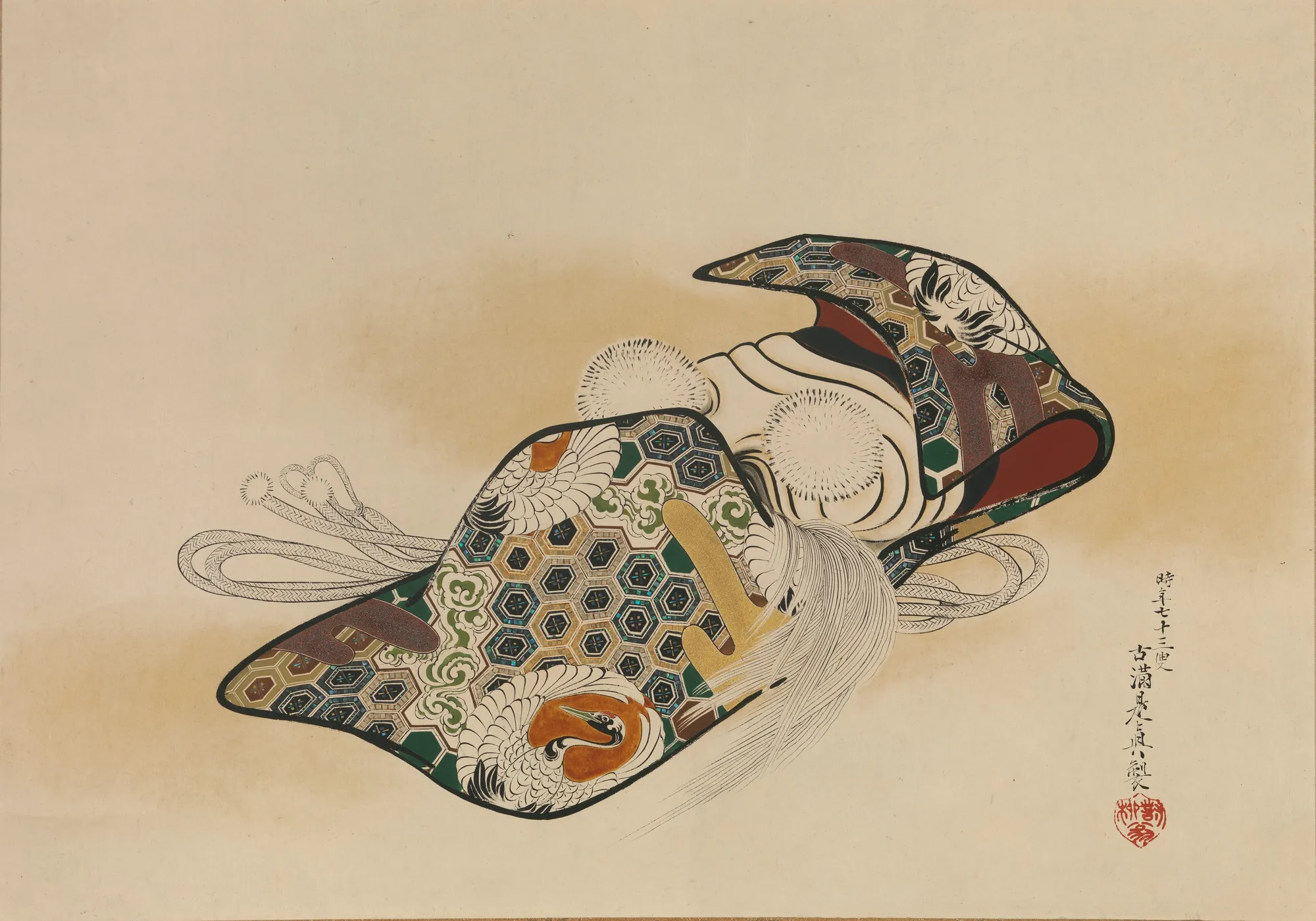 Noh Mask: Okina Noh Mask: Okina by Shibata Zeshin. A detailed depiction of a traditional Japanese Okina Noh mask resting against patterned textiles with a flowing white beard.