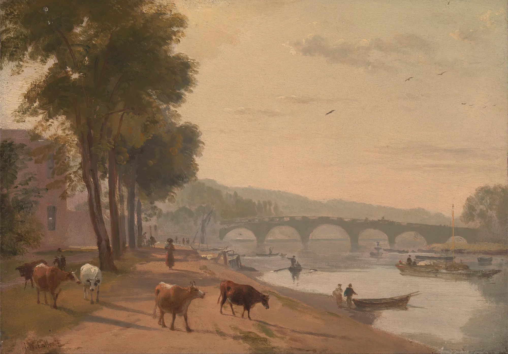 A View of Richmond Bridge on the Thames A View of Richmond Bridge on the Thames by Augustus Wall Callcott. A peaceful river scene featuring cattle grazing on a sunlit bank with a multi-arched stone bridge in the misty background.