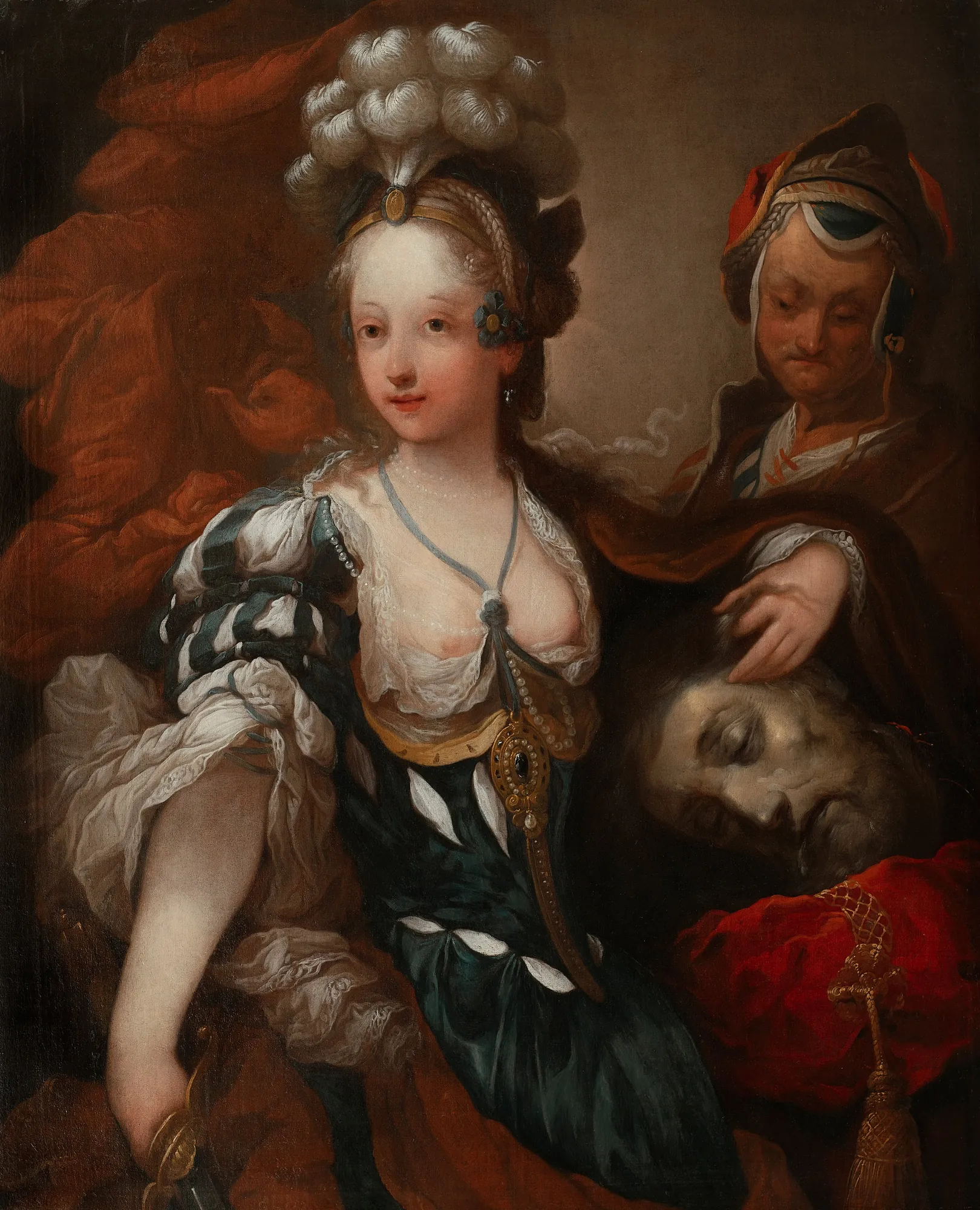 Judith with the Head of Holofernes Judith with the Head of Holofernes by Alexis Grimou. A young woman in an ornate, feathered headdress and green velvet gown rests her hand on the head of a severed man, with a maidservant looking on from the background.
