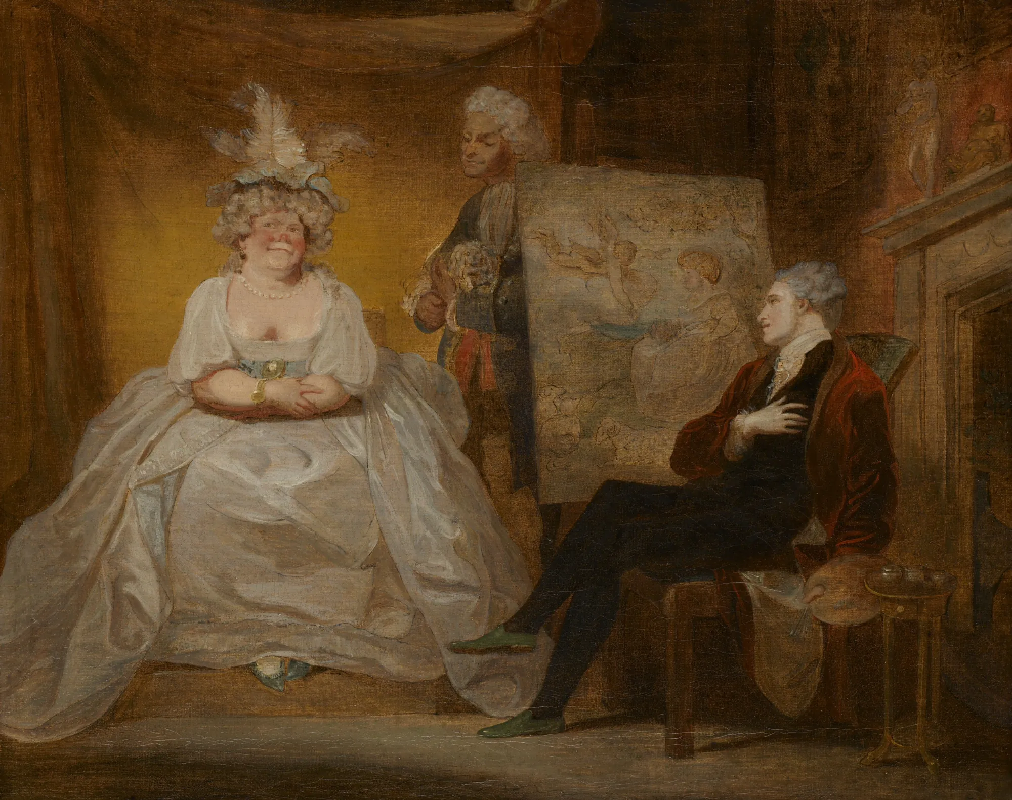 A Scene from 'Taste' by Samuel Foote A Scene from 'Taste' by Samuel Foote by Robert Smirke. A theatrical scene depicting a woman in an elaborate white dress and feathered hat seated beside a gentleman gesturing toward a landscape painting.