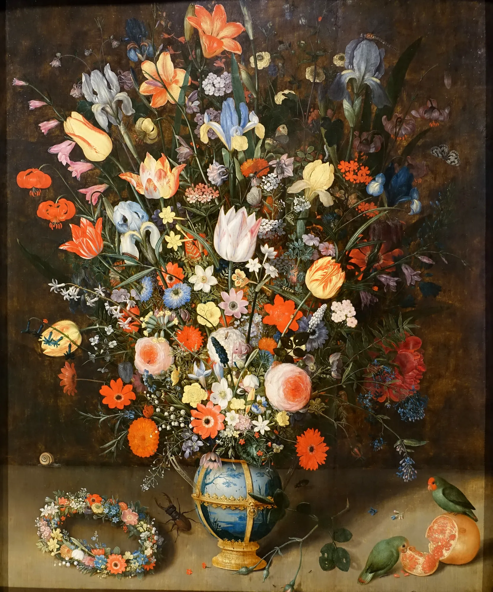Large Bunch of Flowers with Two Parrots