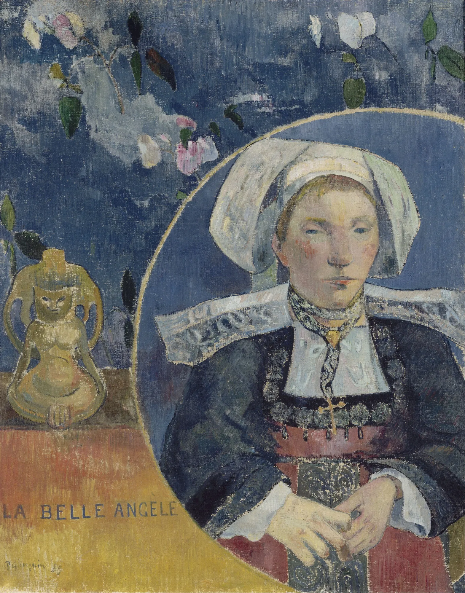 La Belle Angèle La Belle Angèle by Paul Gauguin. A portrait of a woman in traditional Breton attire set within a blue circular frame, flanked by a small idol and floral patterns on a dark blue background.