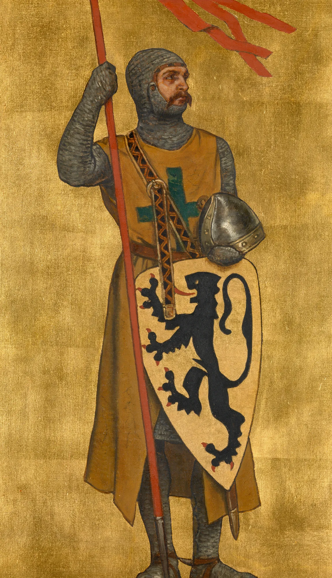 Philip of Alsace Philip of Alsace by Albrecht De Vriendt. A full-length portrait of a knight in chainmail and a yellow surcoat, holding a red-bannered spear and a shield featuring a black lion against a textured gold background.