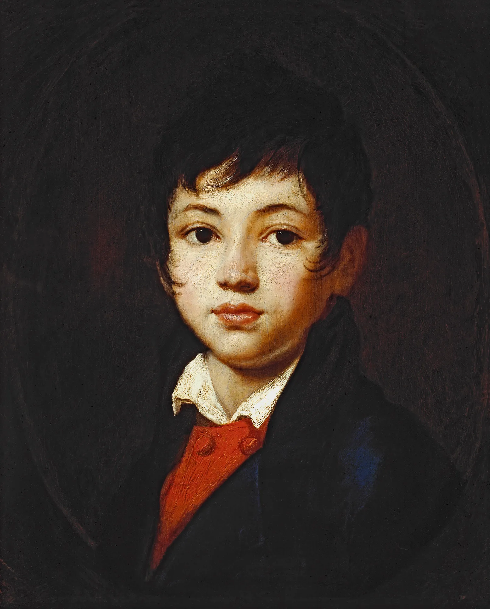 Portrait of Alexander Chelishchev Portrait of Alexander Chelishchev by Orest Kiprensky. A portrait of a young boy with dark hair wearing a dark coat and vibrant red waistcoat against a dark, shadowy background.