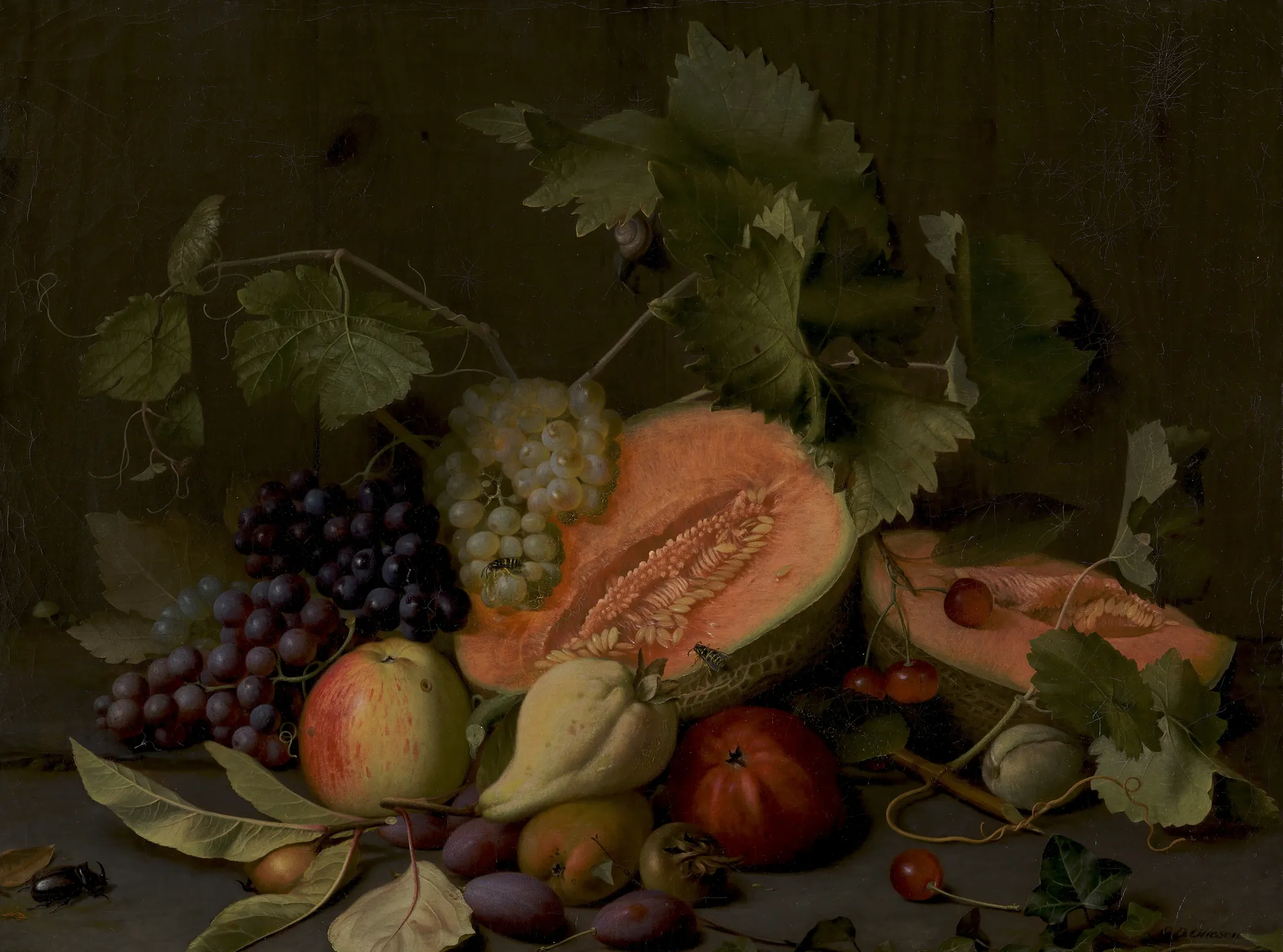 Still Life with Melons and Grapes Still Life with Melons and Grapes by O.D. Ottesen. A detailed oil painting featuring a central arrangement of sliced melons, grapes, apples, and other fruits against a dark, wooden backdrop.