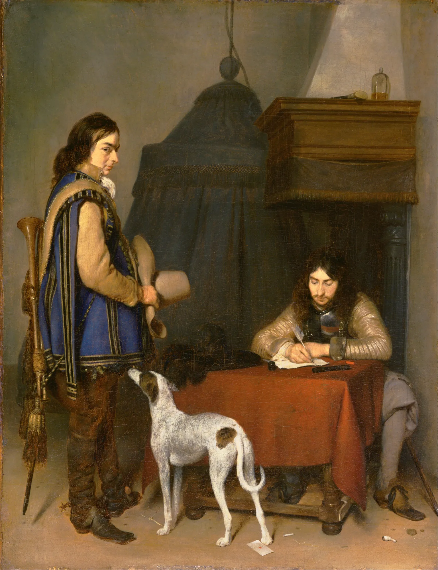 Officer Writing a Letter with a Trumpeter and a Dog