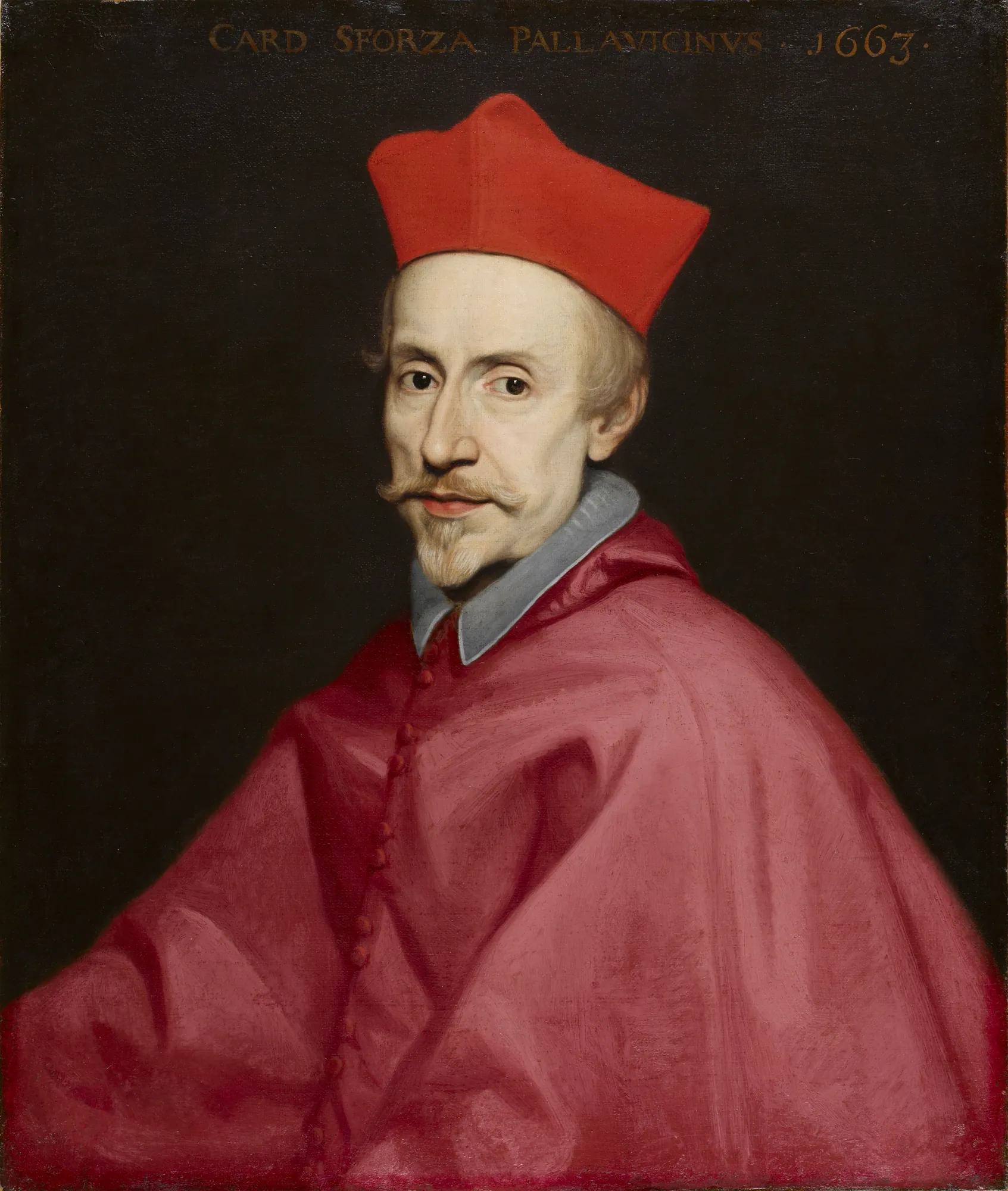 Francesco Maria Sforza Pallavicino Francesco Maria Sforza Pallavicino by Giovanni Maria Morandi. A high-contrast Baroque portrait of an Italian cardinal wearing vibrant red robes and a biretta against a dark, minimalist background.
