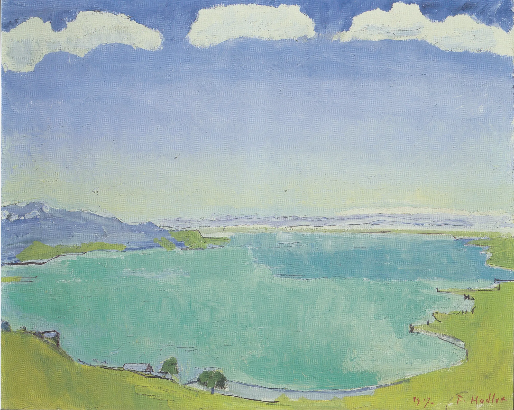 Lake Geneva from Caux Lake Geneva from Caux by Ferdinand Hodler. A vibrant landscape painting depicting the turquoise waters of Lake Geneva as seen from Caux, with lime green shores and a blue sky dotted with three stylized clouds.