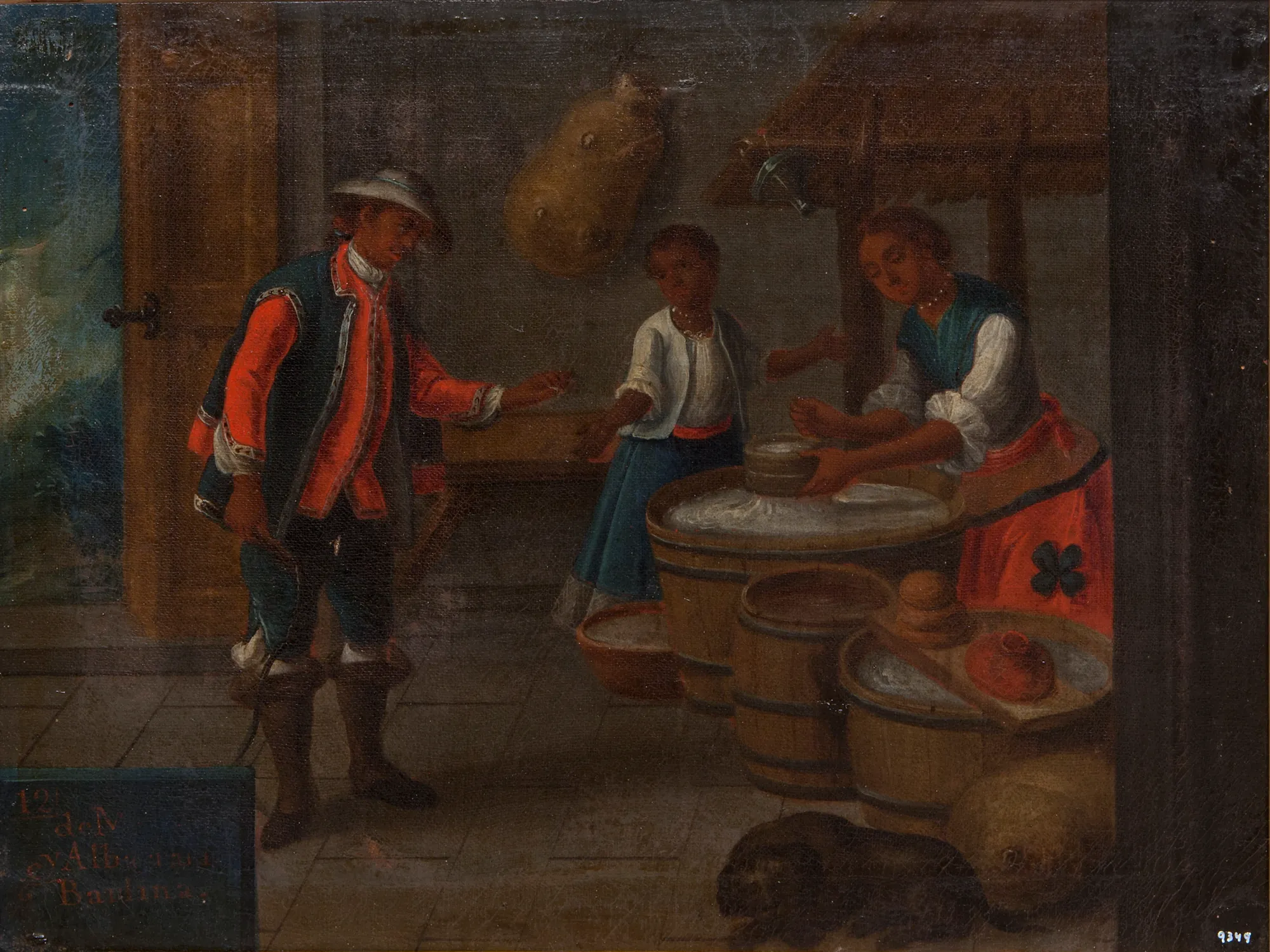 Mestizo and Albarazada, Barsina Mestizo and Albarazada, Barsina by Unknown Artist. An 18th-century genre painting depicting a man, woman, and child working with large wooden barrels in a dimly lit interior.