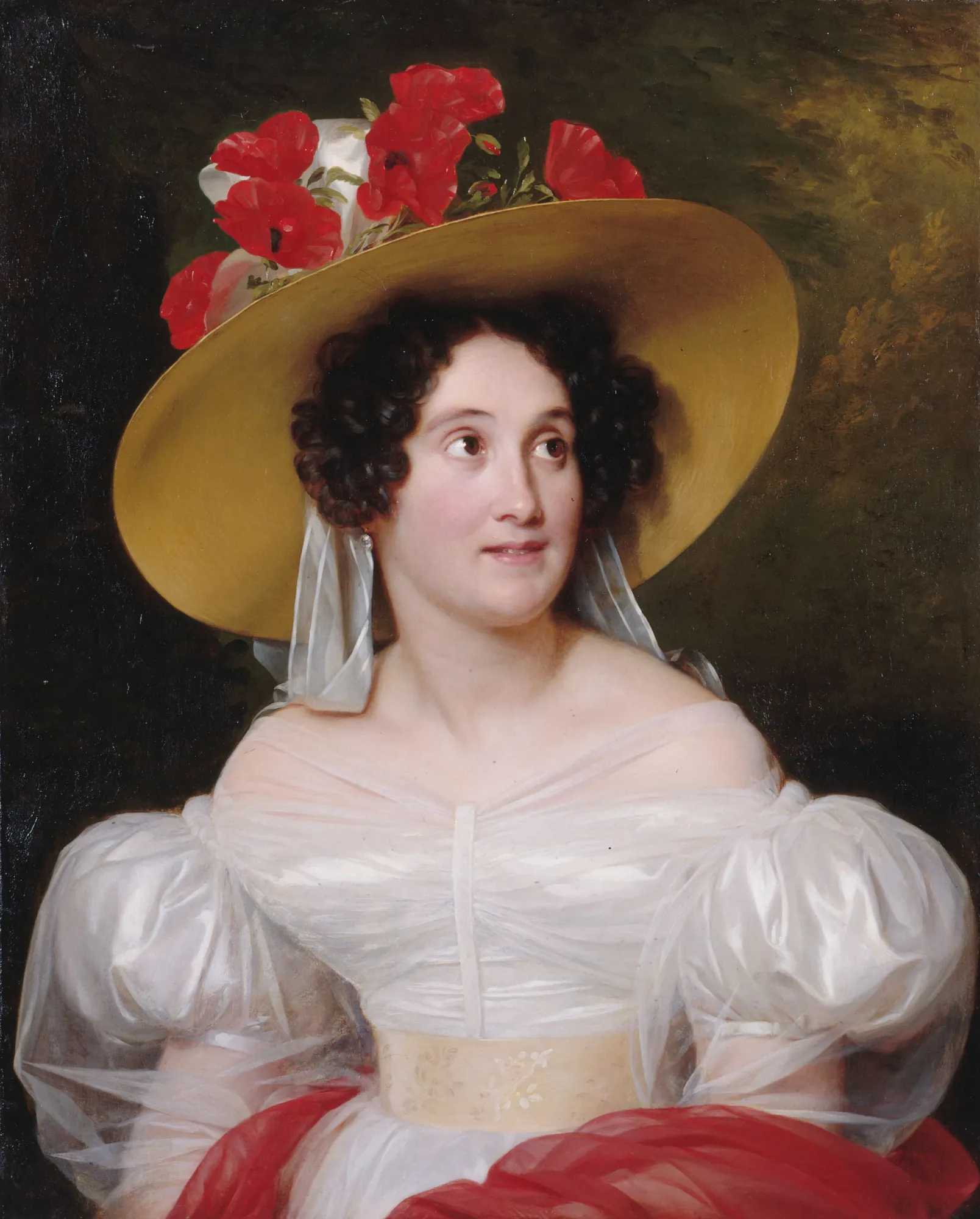 Portrait de madame Arachequesne Portrait de madame Arachequesne by Louis Hersent. A portrait of a woman in a wide-brimmed yellow hat adorned with vibrant red poppies and a white gauzy dress.