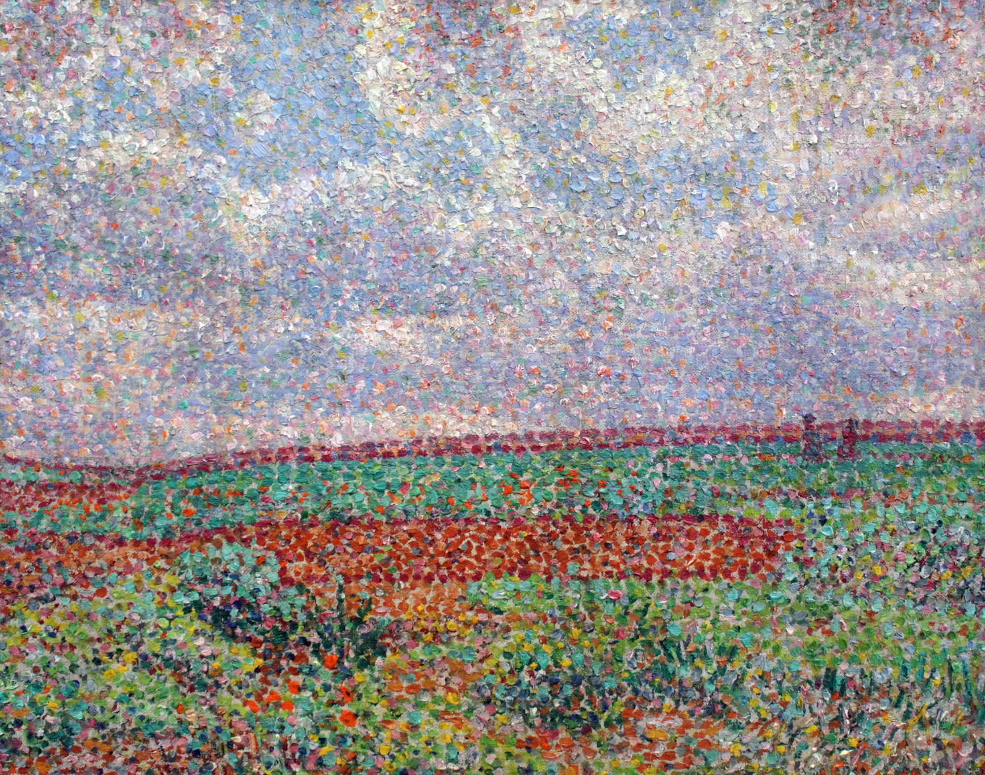 Summer Landscape Summer Landscape by Christian Rohlfs. A vibrant pointillist landscape featuring an expansive, bright sky over fields dappled with red, green, and yellow paint.