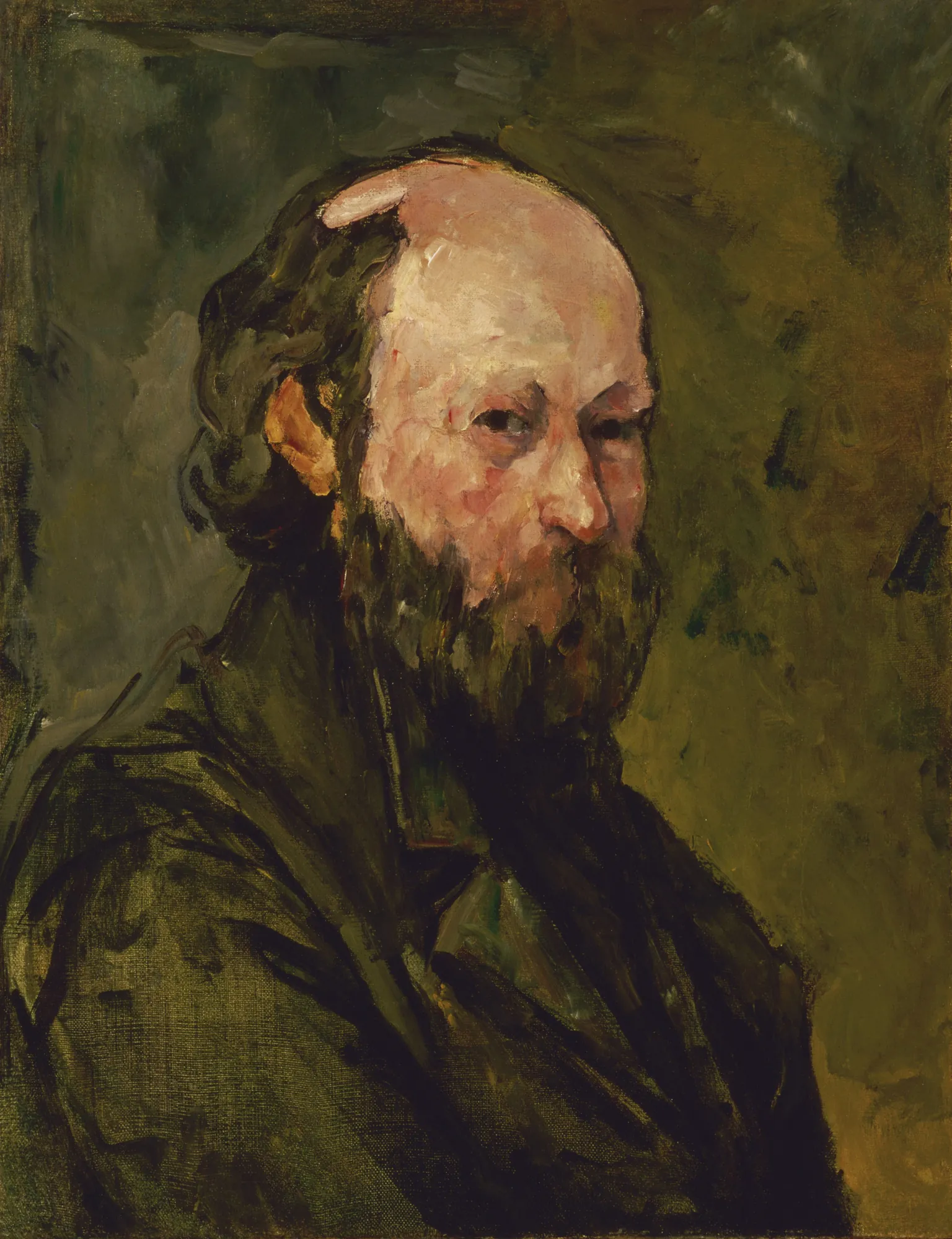 Self-Portrait (Portrait de l'artiste) Self-Portrait (Portrait de l'artiste) by Paul Cézanne. A bust-length self-portrait of artist Paul Cézanne, featuring his balding head and full beard against a dark, gestural background.