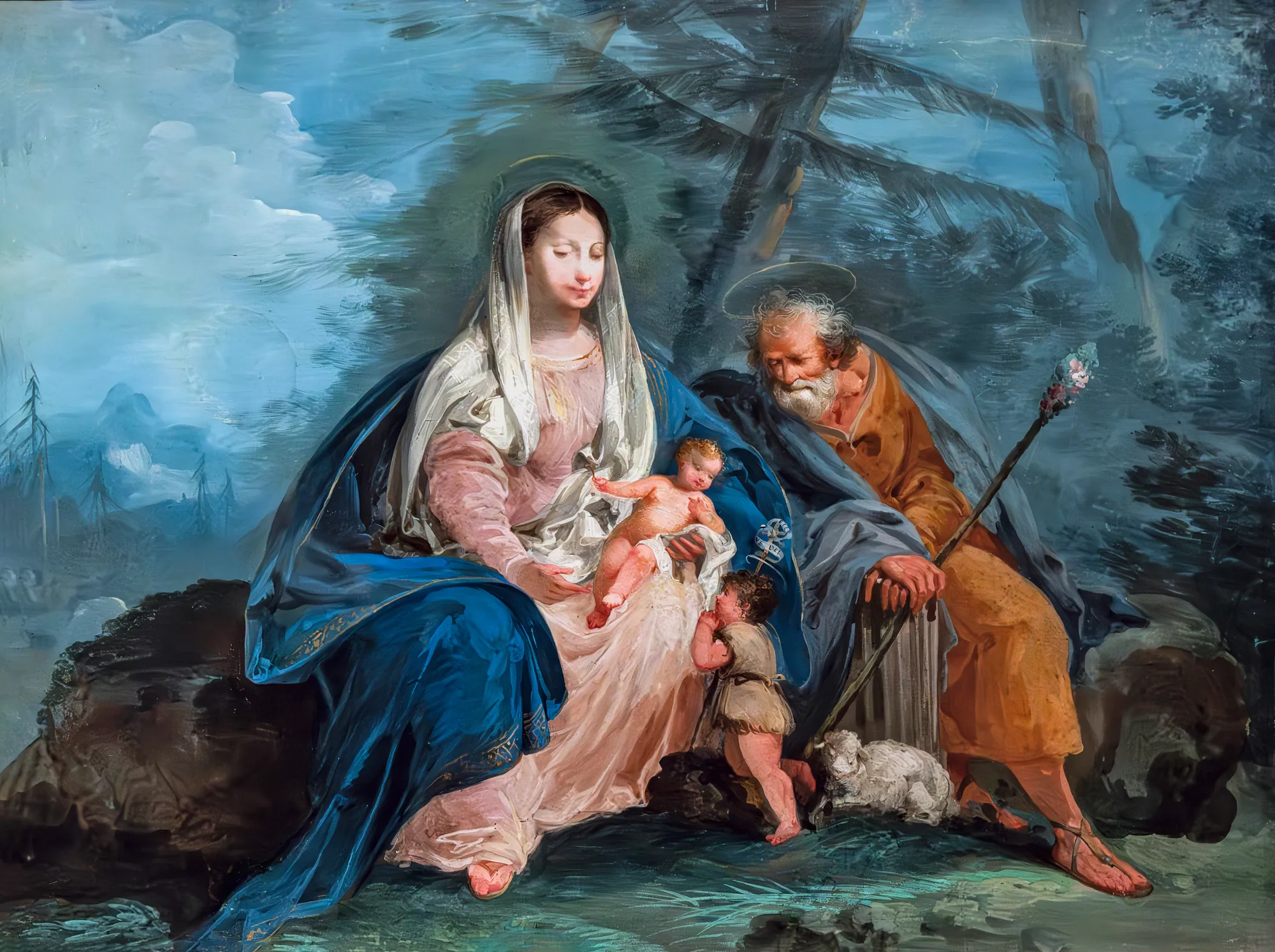 The Holy Family The Holy Family by Giuseppe Bernardino Bison. A painting of Mary and Joseph seated outdoors with the infant Christ, a young John the Baptist, and a small lamb.