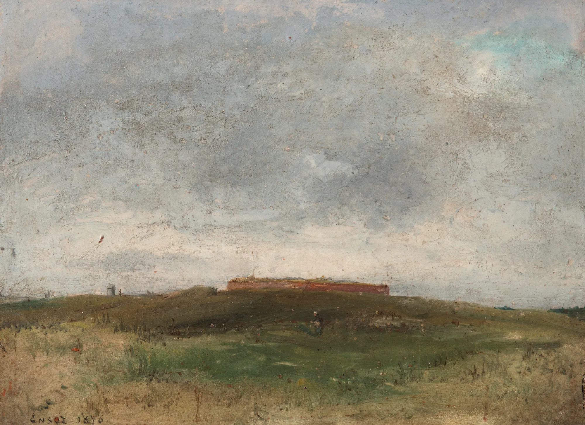 Fort Napoleon Fort Napoleon by James Ensor. An oil painting depicting a low-lying brick fort atop a grassy hill under a vast, overcast grey sky.