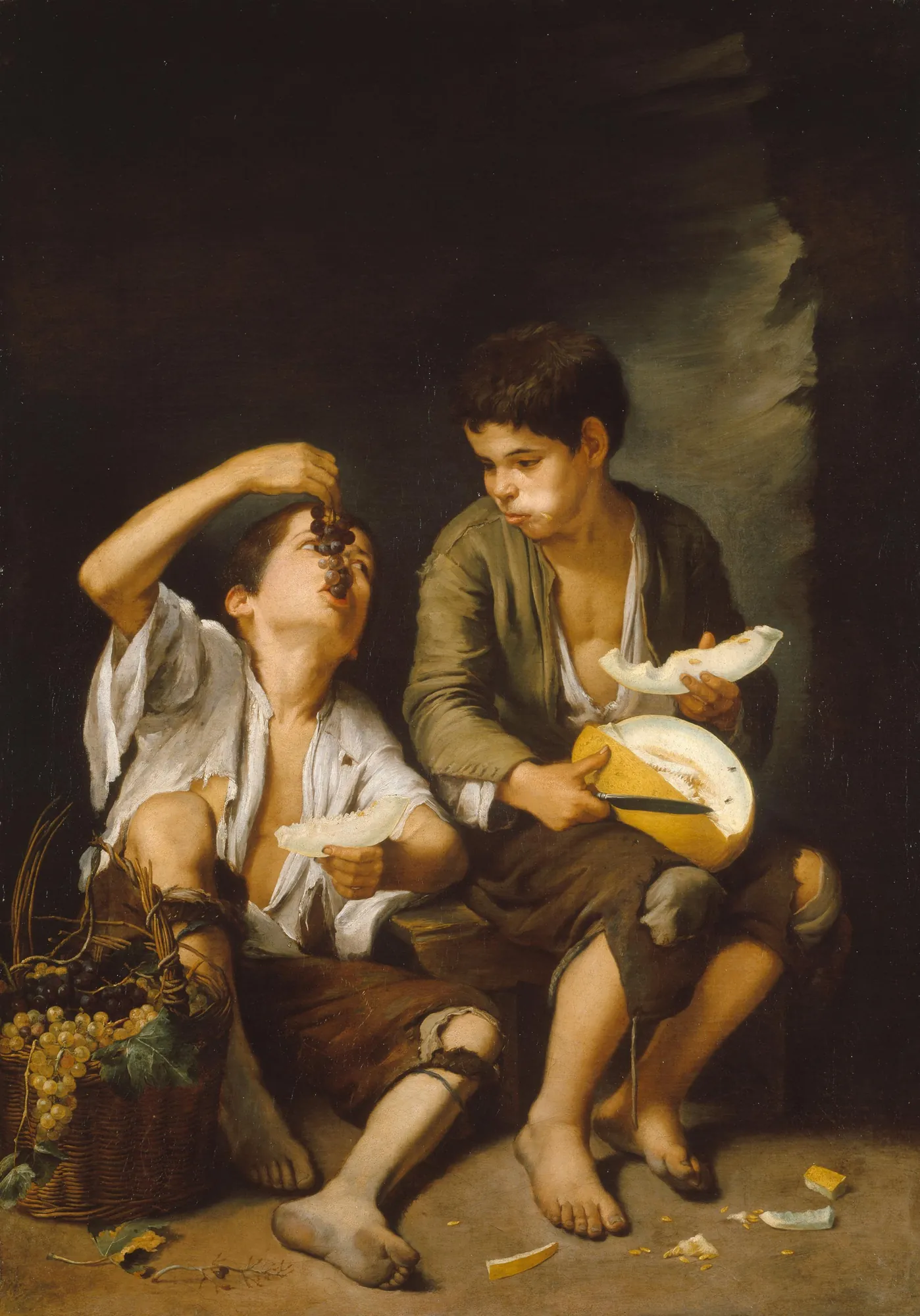 Grape and Melon Eaters Grape and Melon Eaters by Bartolomé Esteban Murillo. Two young boys in tattered clothing are depicted seated against a dark background, eating grapes and melon with a basket of fruit nearby.
