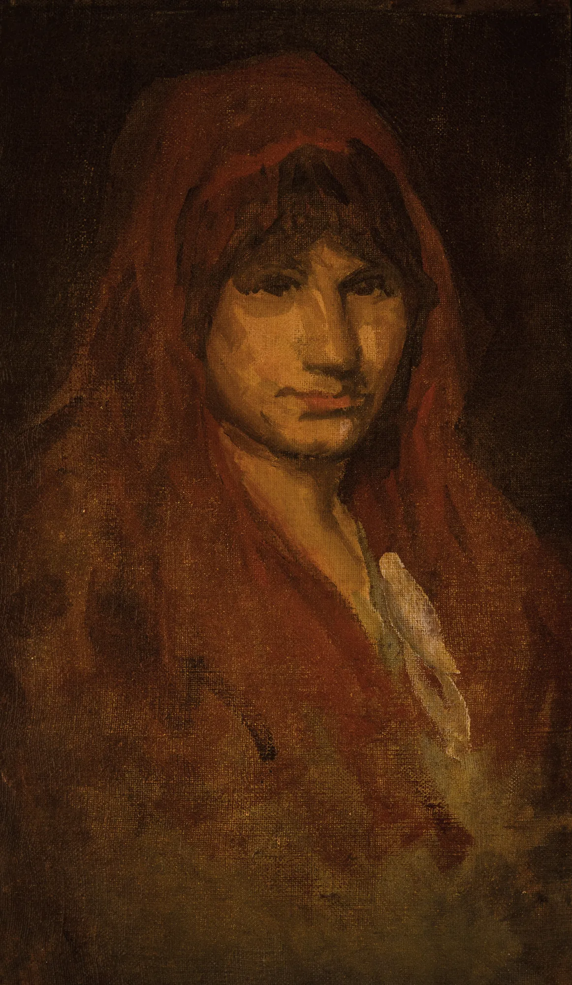 Crimson Note: Carmen Crimson Note: Carmen by James McNeill Whistler. A portrait of a woman enveloped in a dark crimson wrap against a shadowed background.
