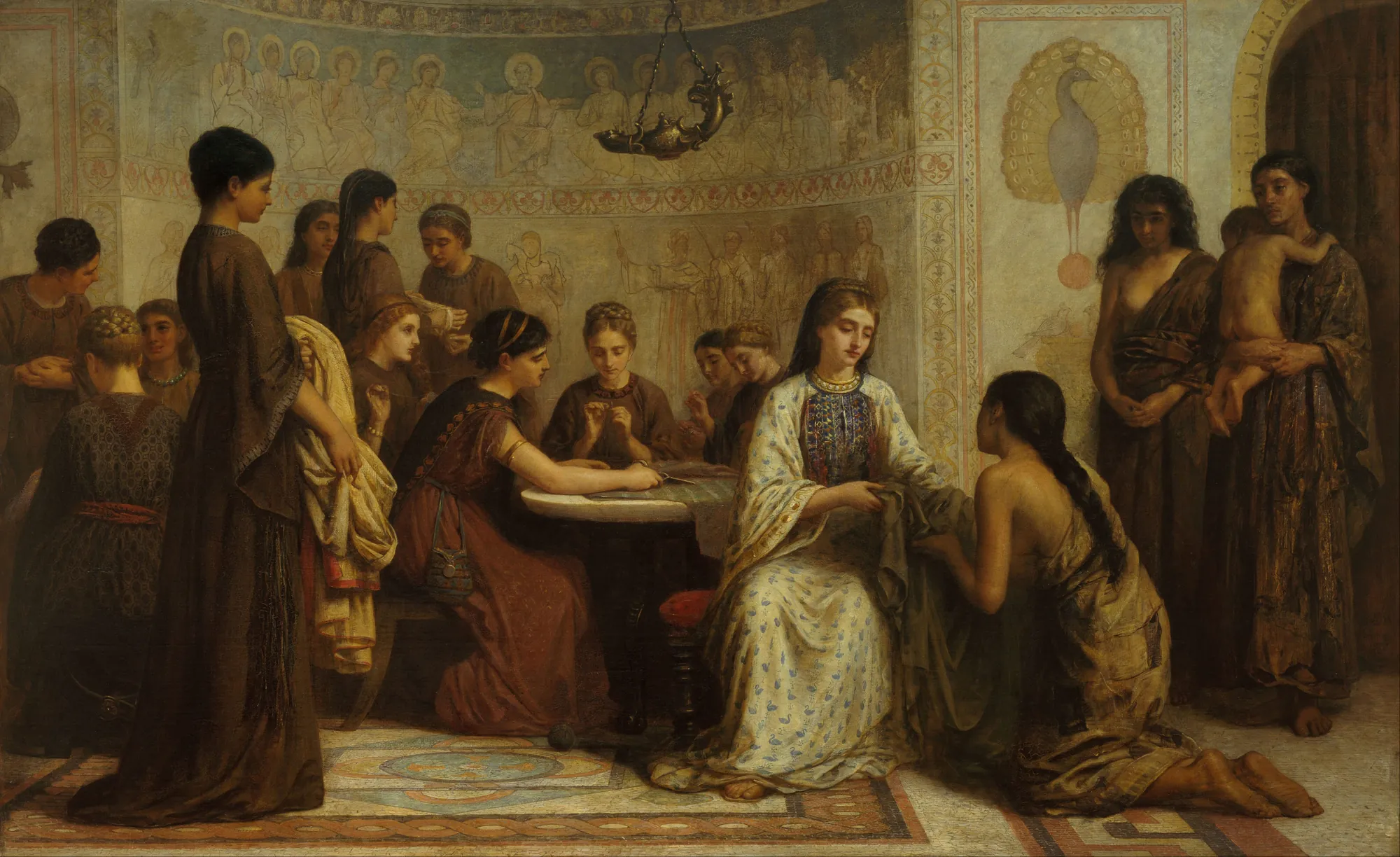A Dorcas Meeting in the 6th Century A Dorcas Meeting in the 6th Century by Edwin Long. A large group of women in classical attire gathered in a dim, mosaic-adorned interior, with some sewing and others observing a peacock mural.