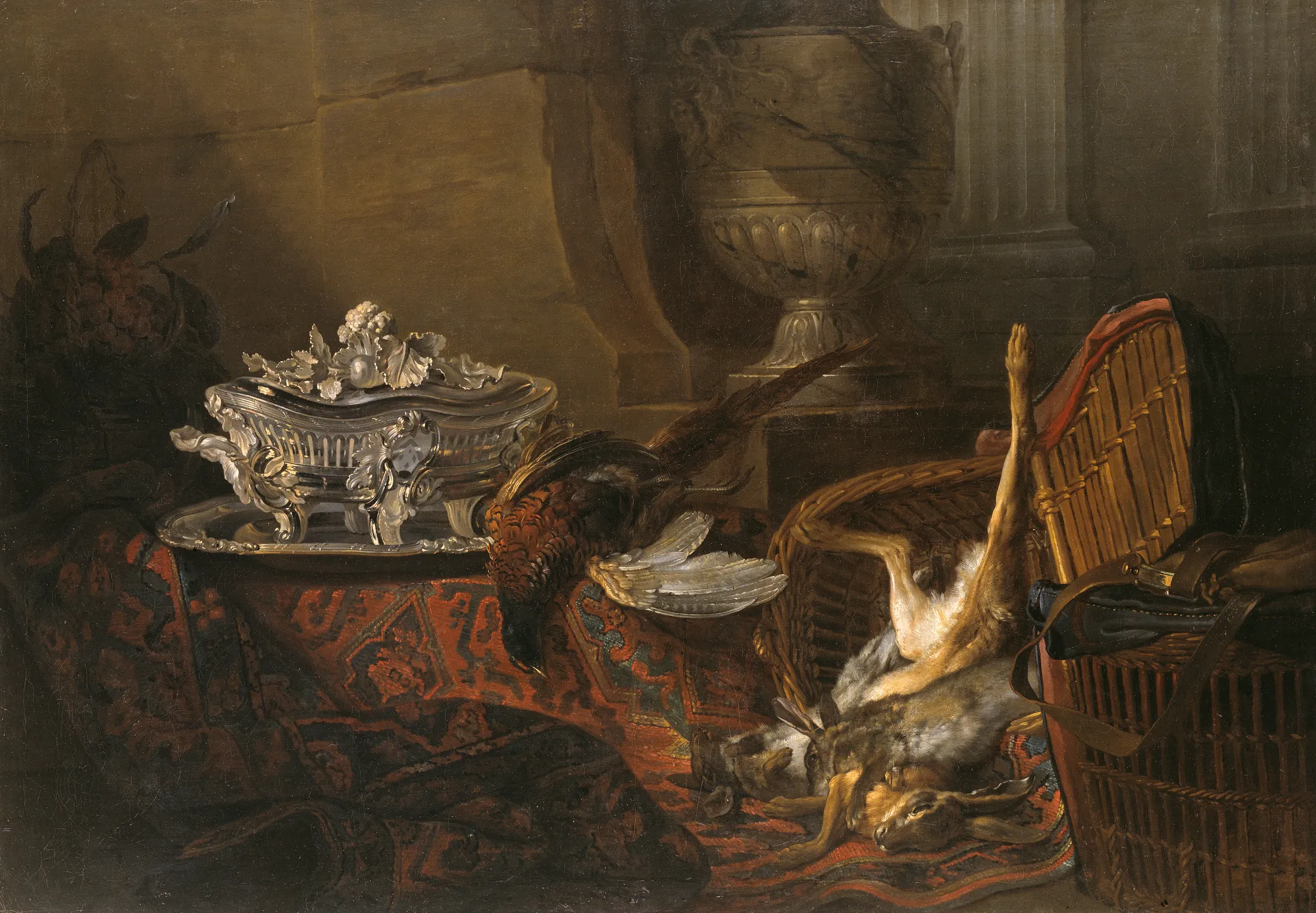 Still Life with Dead Game and a Silver Tureen on a Turkish Carpet