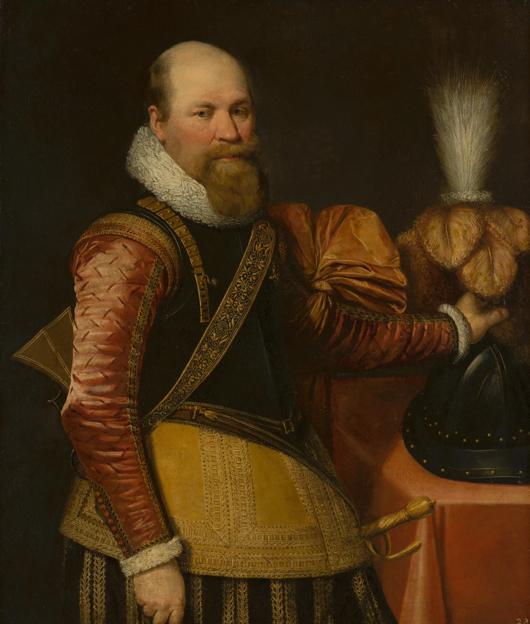 Portrait of an Officer Portrait of an Officer by Jan van Ravesteyn. A half-length portrait of a bearded officer in ornate 17th-century armor and a white lace ruff, resting his hand on a feathered helmet.