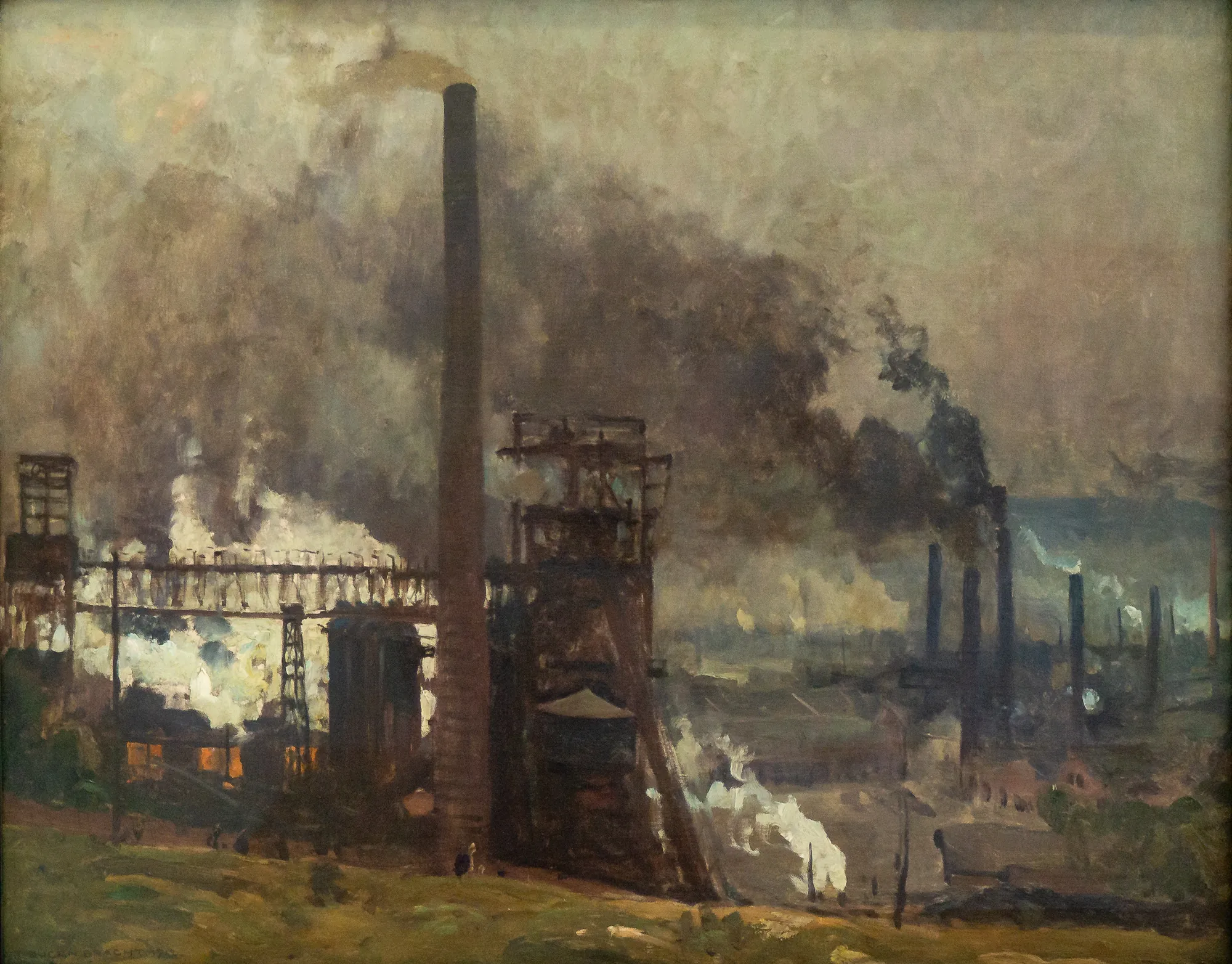 Henrichshütte Henrichshütte by Eugen Bracht. An atmospheric industrial landscape depicting ironworks with towering smokestacks emitting thick plumes of smoke under a hazy, clouded sky.