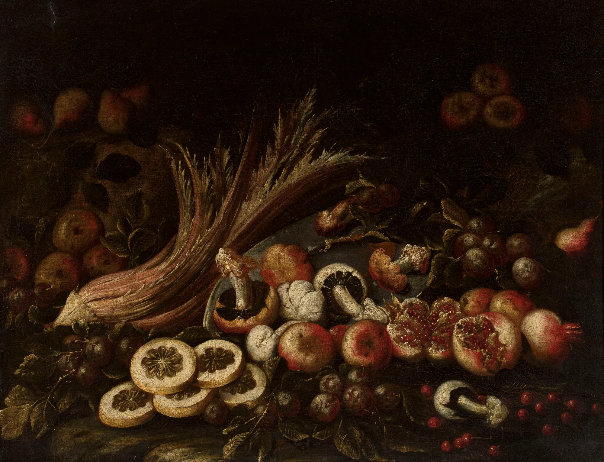 Still Life with Mushrooms Still Life with Mushrooms by Unknown Artist. A dramatic baroque still life featuring earthy mushrooms, sliced citrus, and pomegranates emerging from a dark, shadowed background.