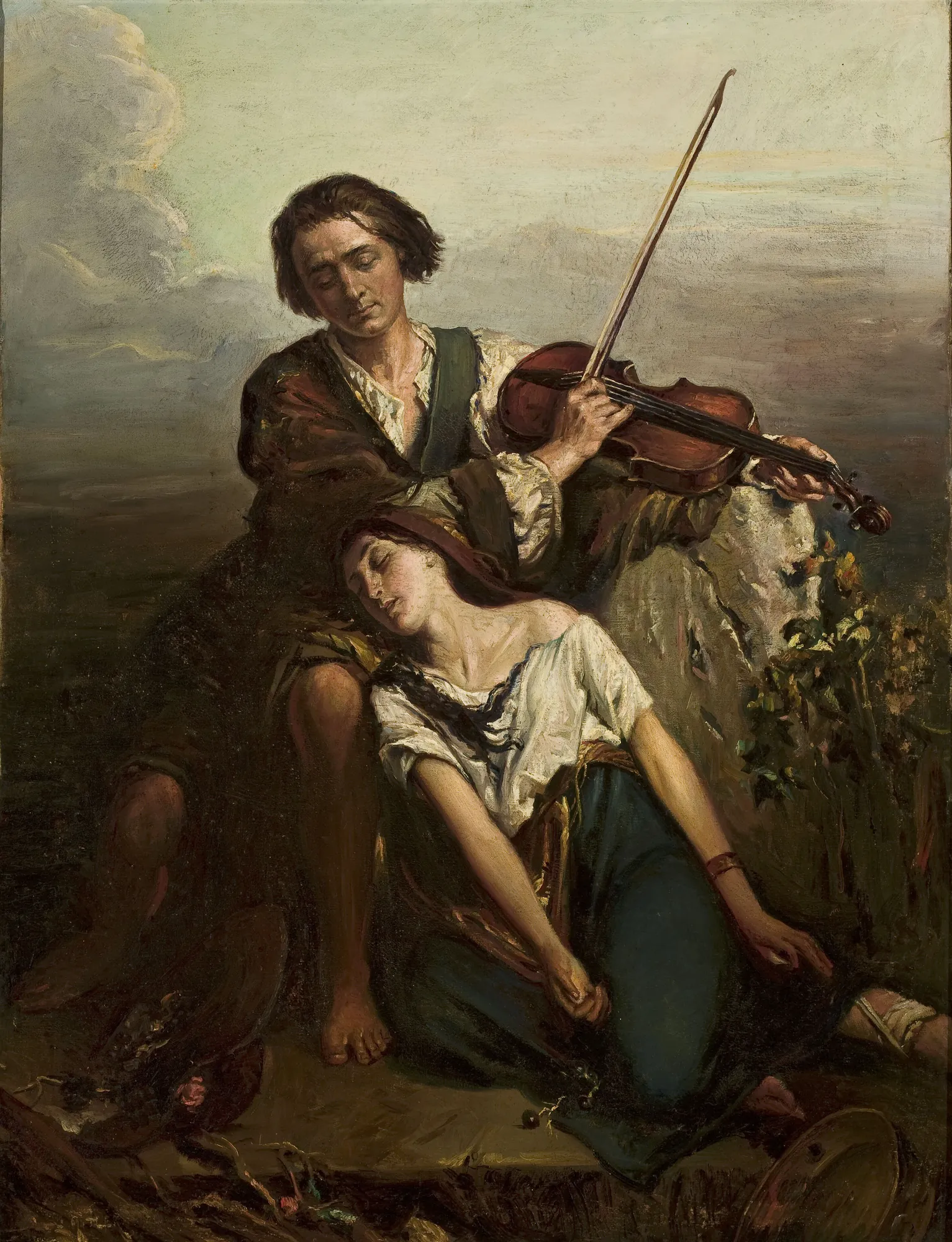 Fiddler and a Gypsy (Solace) Fiddler and a Gypsy (Solace) by Louis Gallait. A young man playing a violin stands over a woman who rests her head against him in a moment of quiet repose.