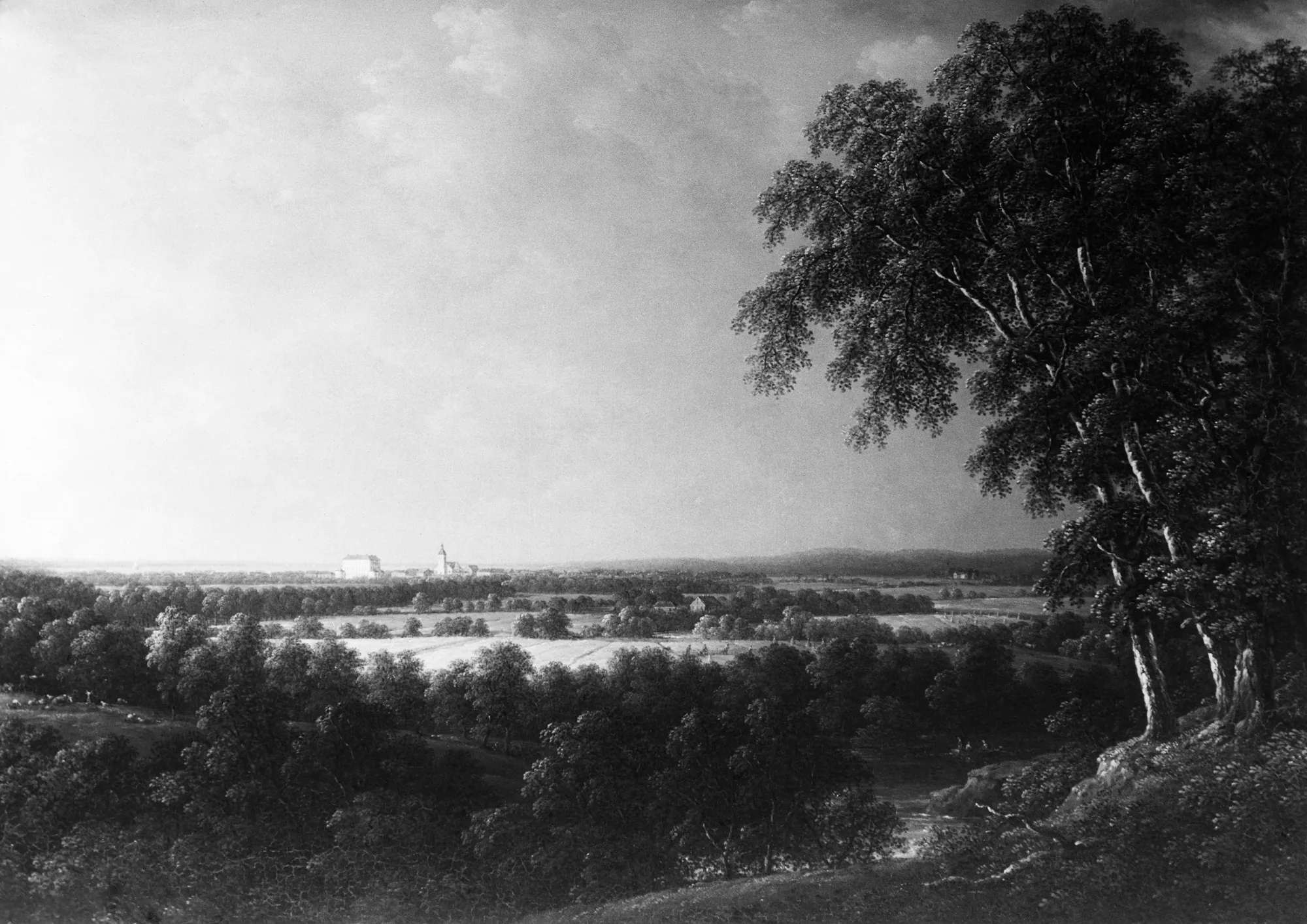 View of Örebro View of Örebro by Carl Johan Fahlcrantz. A monochromatic 19th-century landscape painting showing a distant town view through a valley, framed by tall trees on the right.